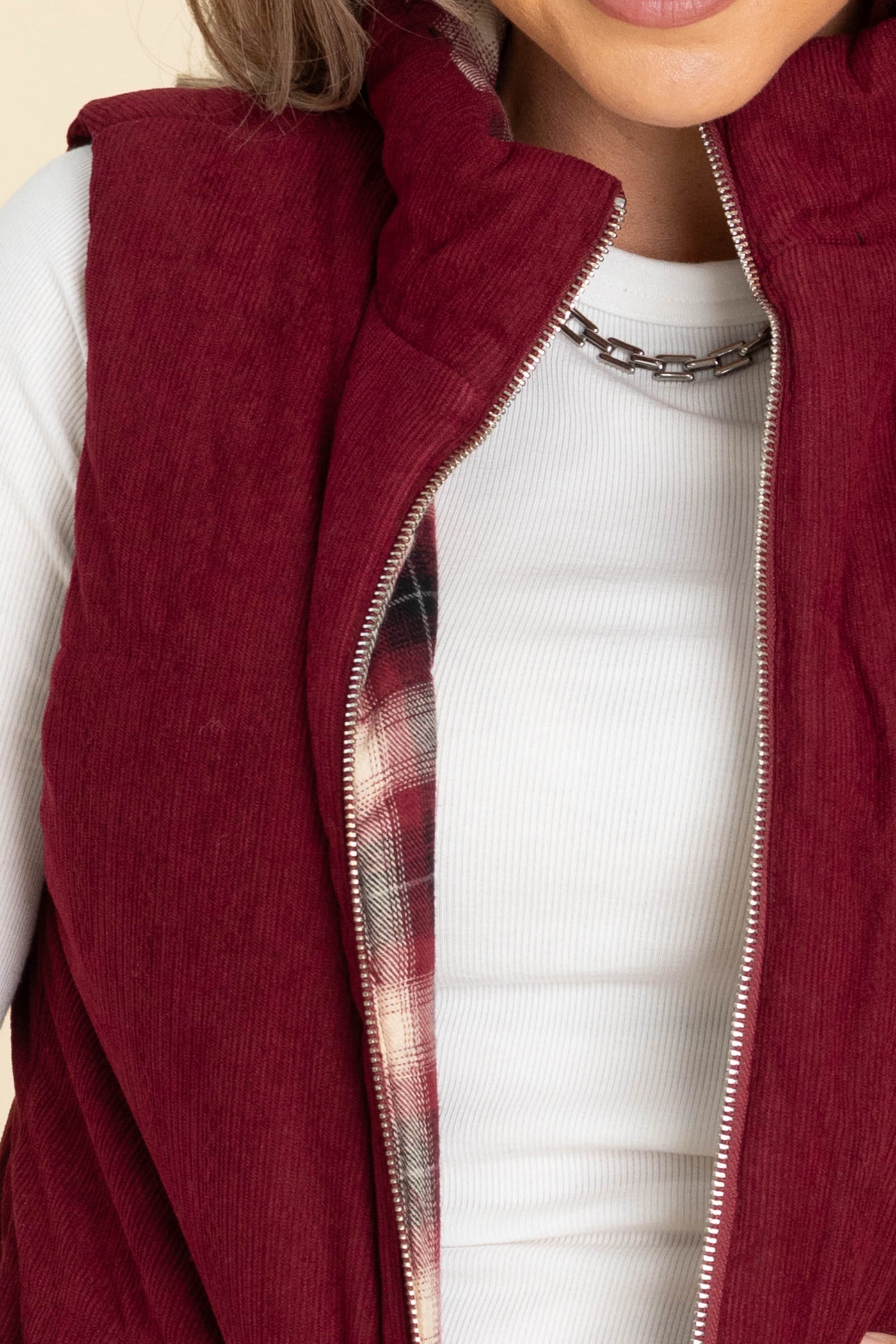 Corduroy And Plaid Reversible Puffer Vest