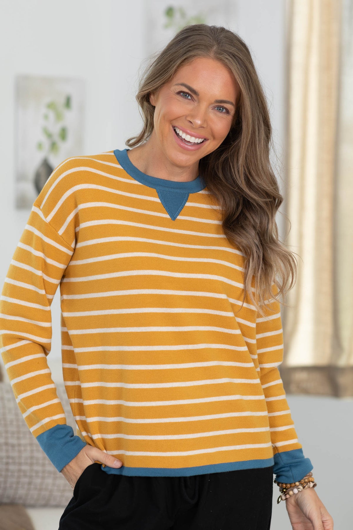 Staccato Stripe Color Contrast Long Sleeve Knit Sweater Top