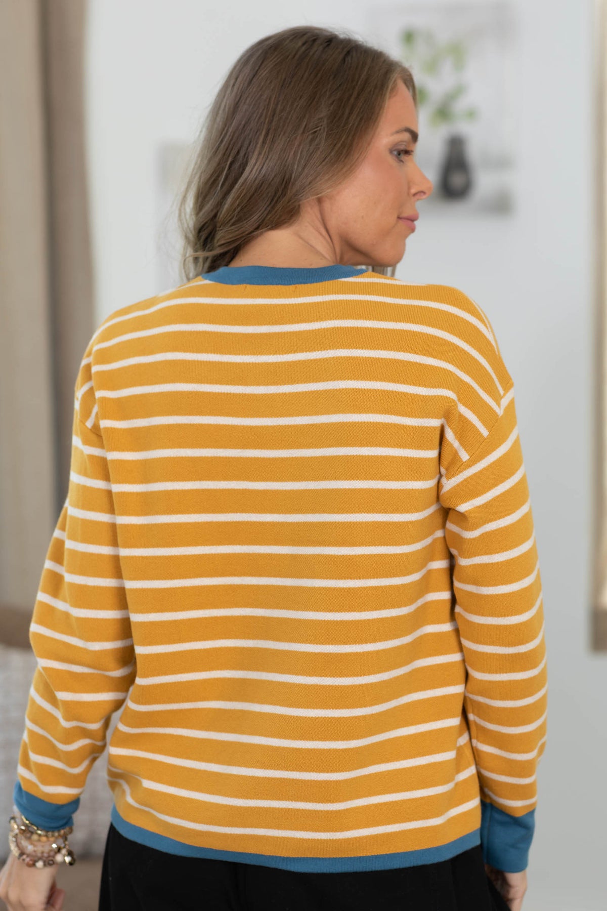 Staccato Stripe Color Contrast Long Sleeve Knit Sweater Top