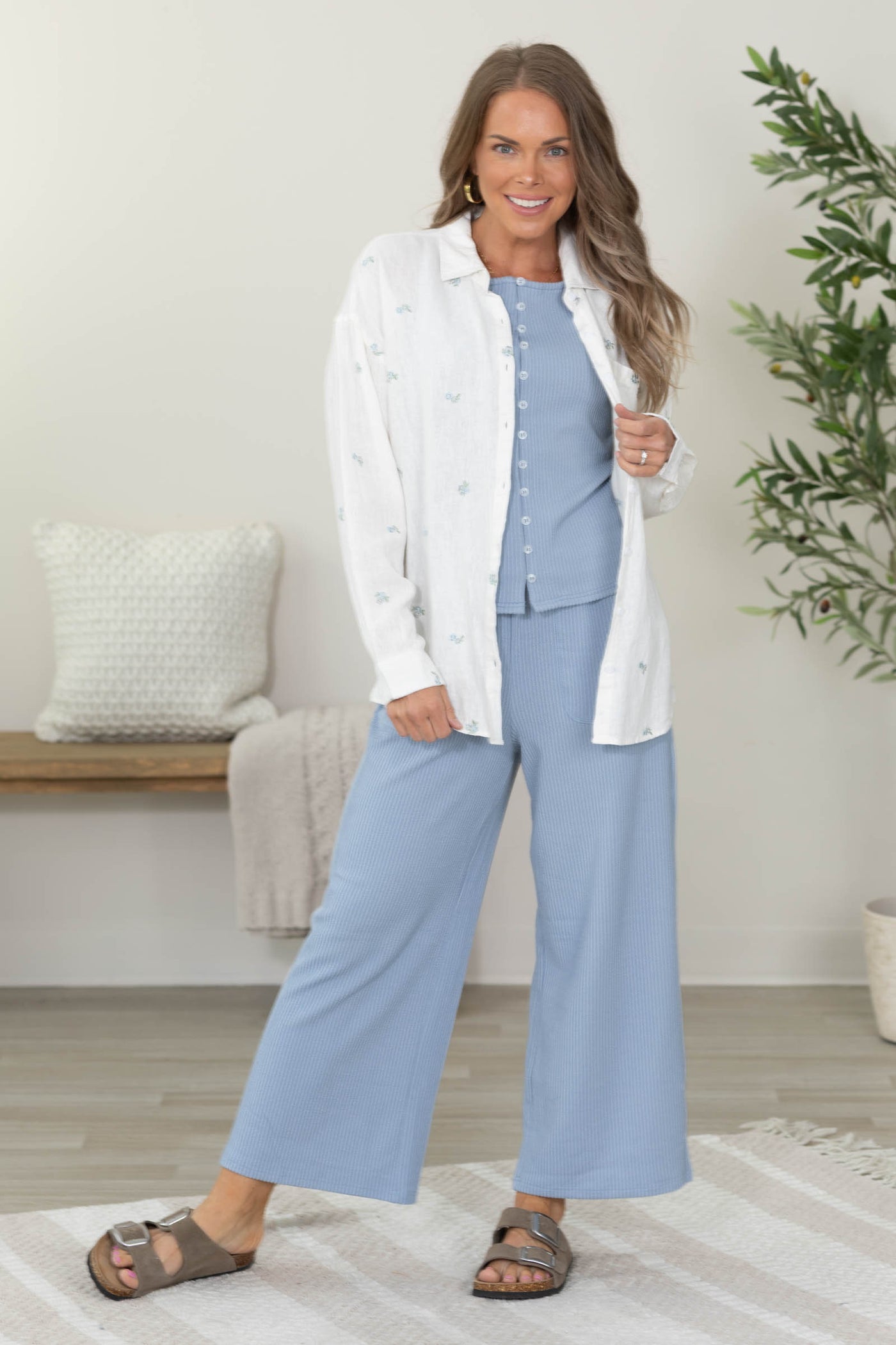 Dusty Blue Textured Button Up Knit Top