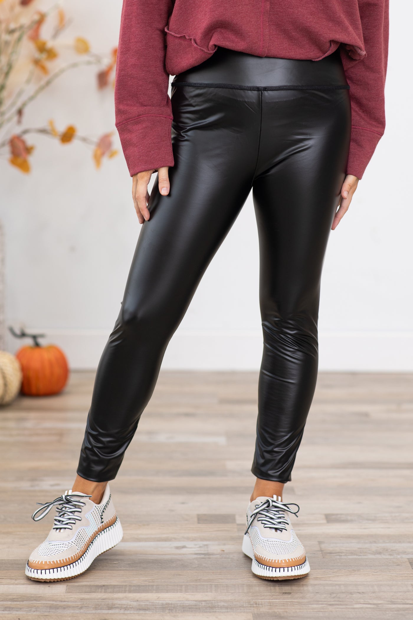 Black Wide Waistband Faux Leather Leggings