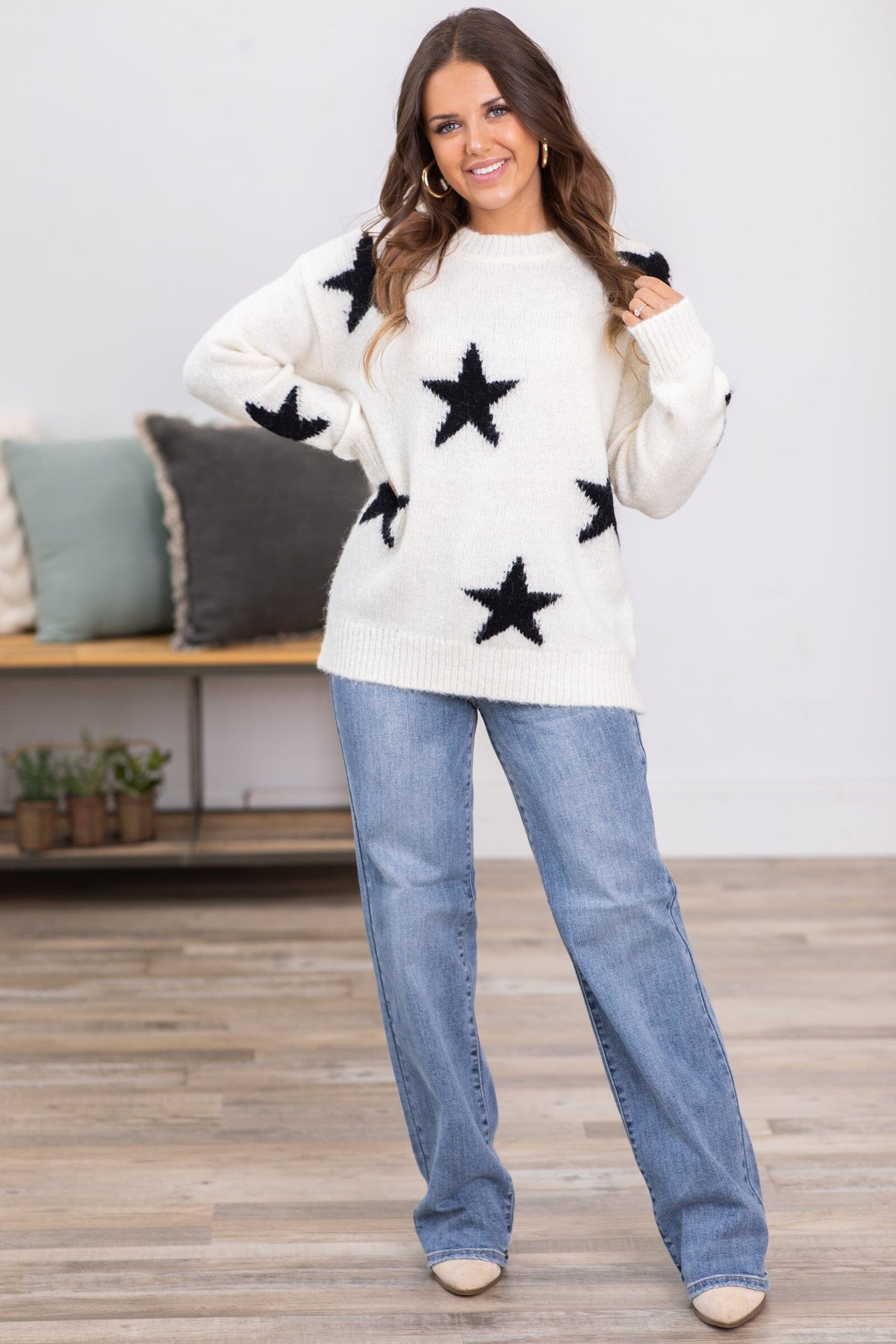Ivory and Black Star Intarsia Sweater - Filly Flair