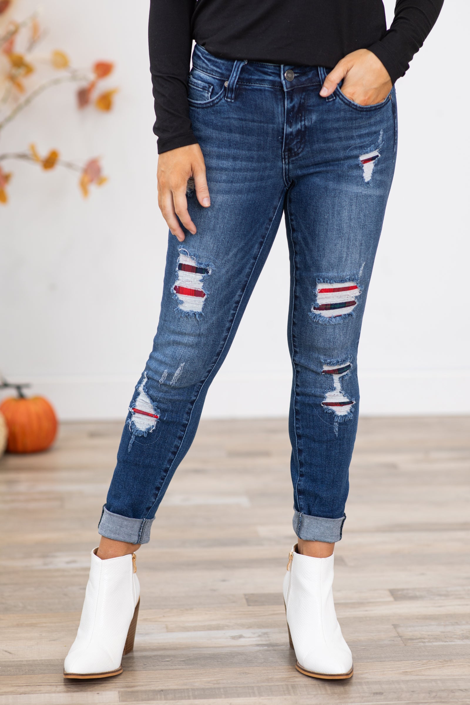 Kancan Skinny Jeans With Plaid Backing