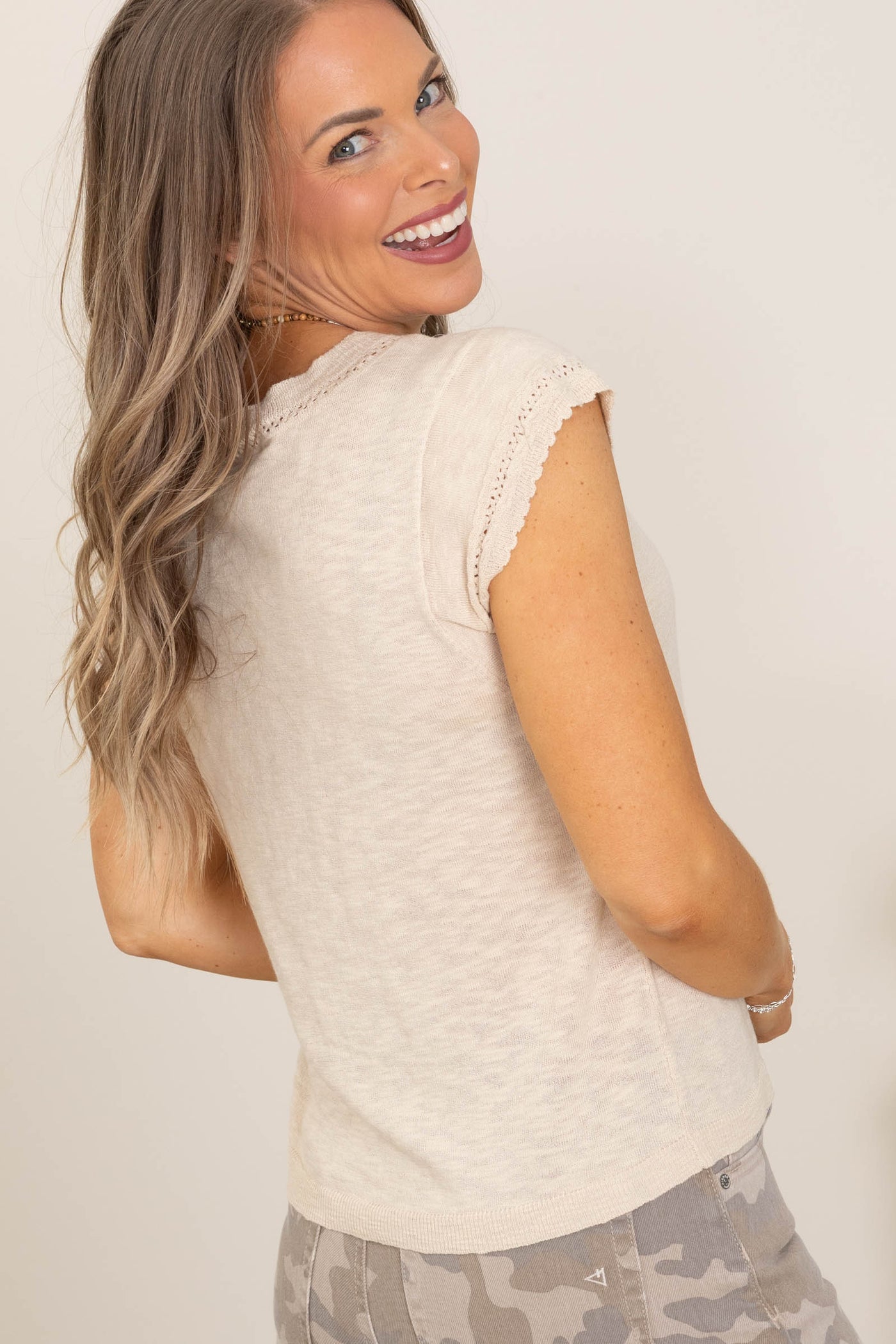 Beige Pointelle Detailed Light Knit Top