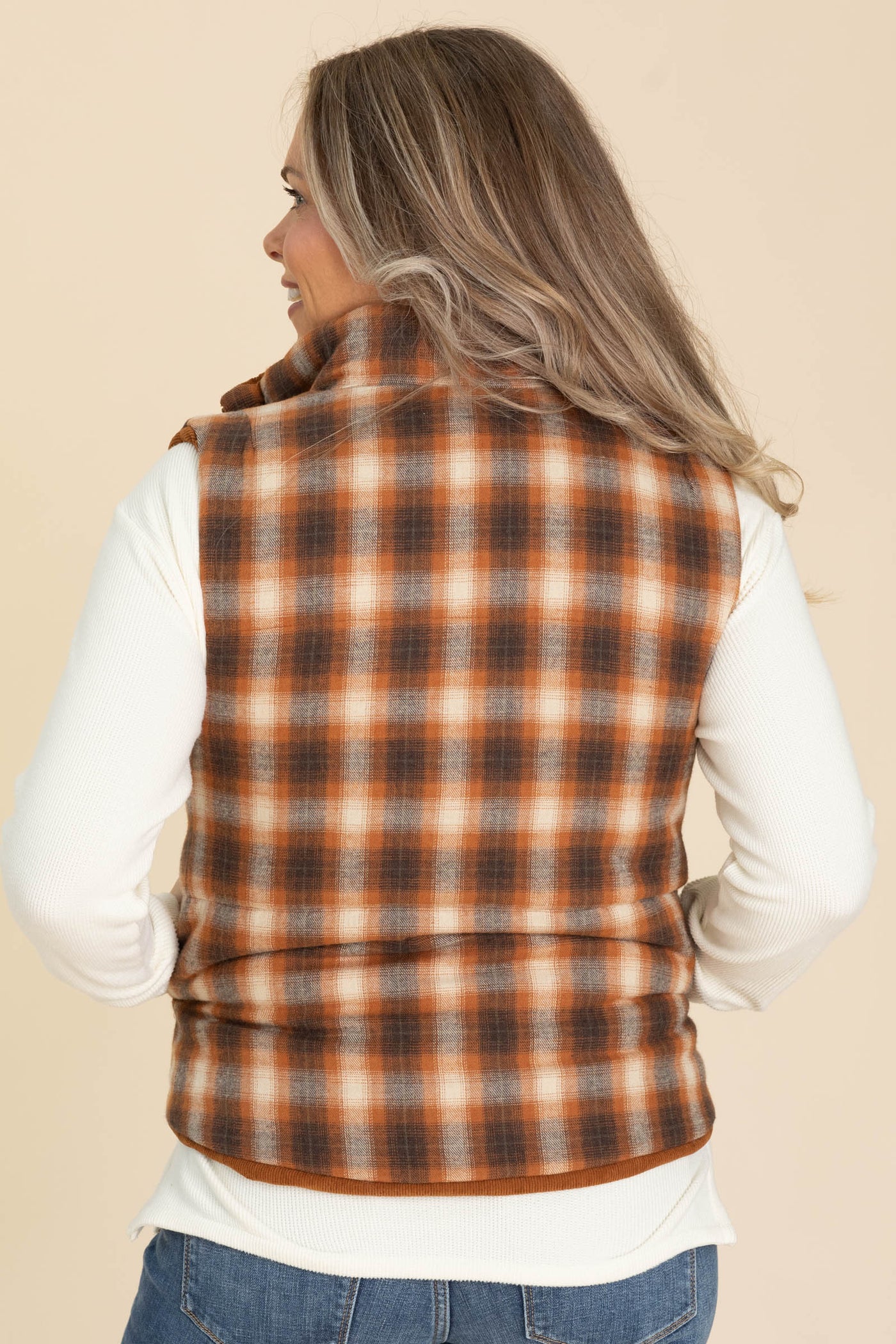 Corduroy And Plaid Reversible Puffer Vest