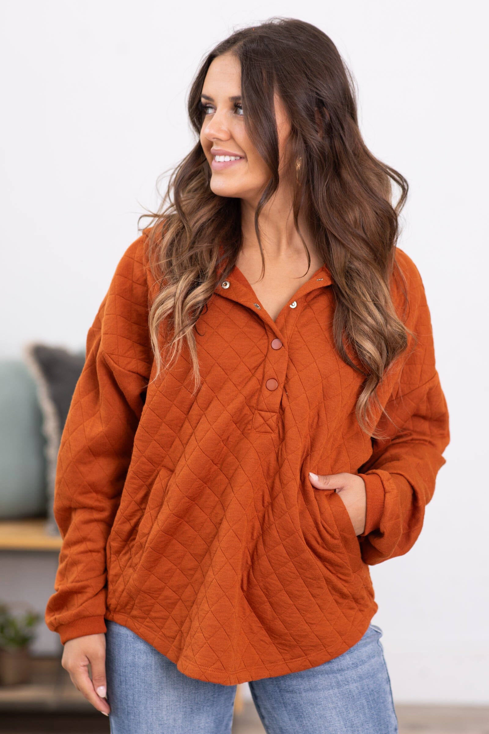 Burnt Orange Quilted Hooded 1/4 Snap Pullover - Filly Flair