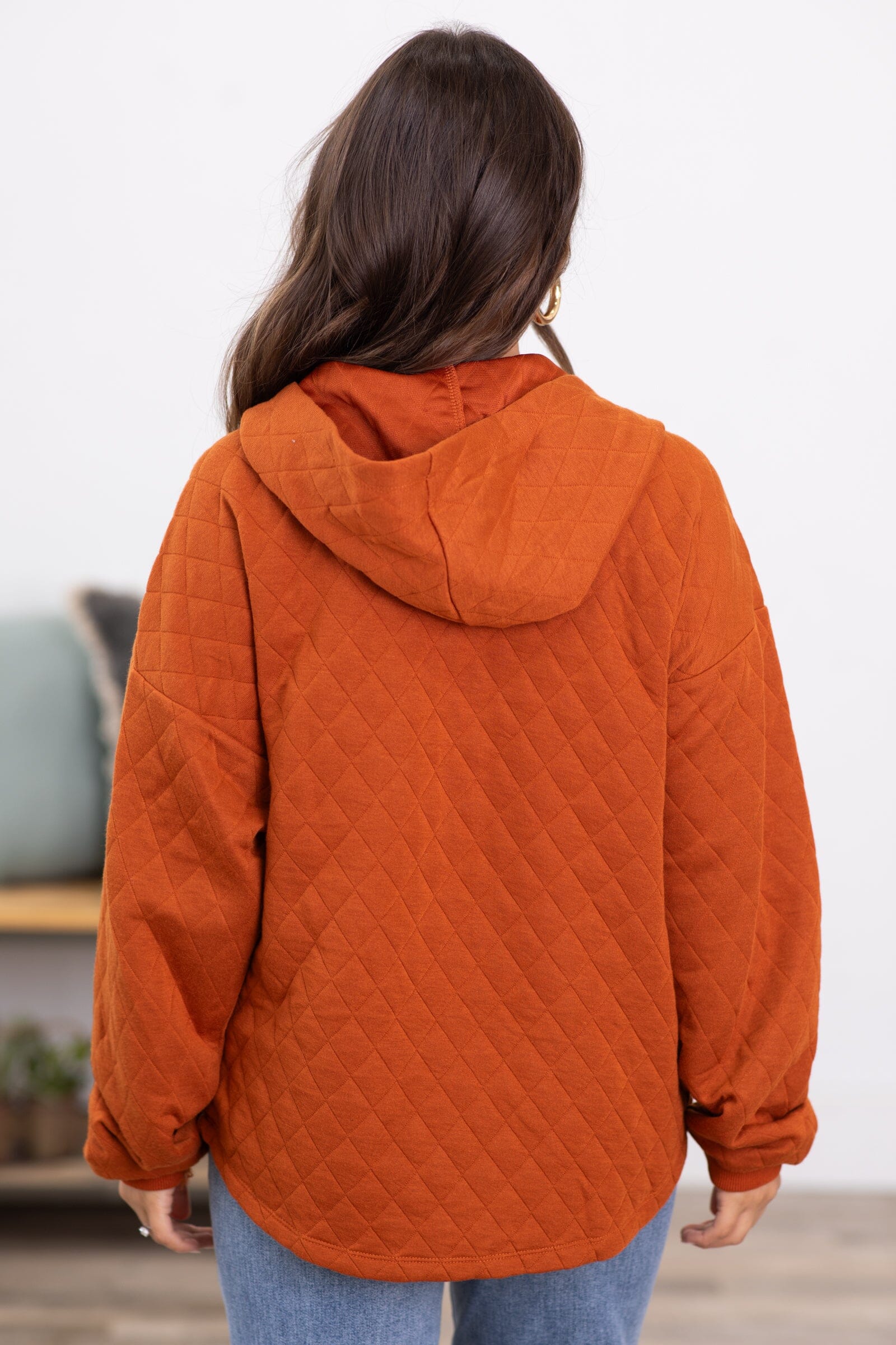 Burnt Orange Quilted Hooded 1/4 Snap Pullover - Filly Flair