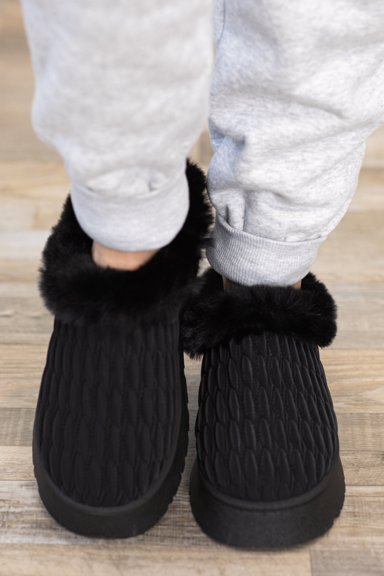 Black Quilted Faux Fur Lined Slip On Shoes · Filly Flair