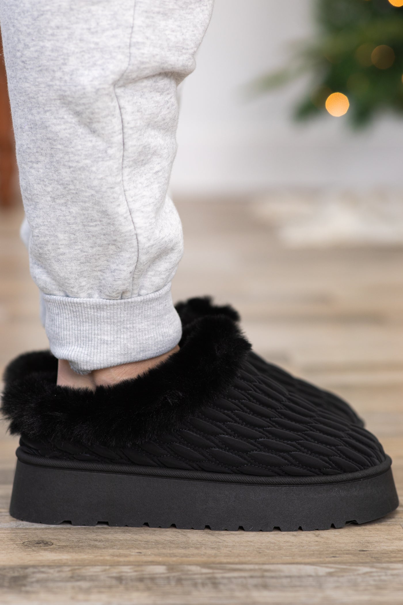 Black Quilted Faux Fur Lined Slip On Shoes