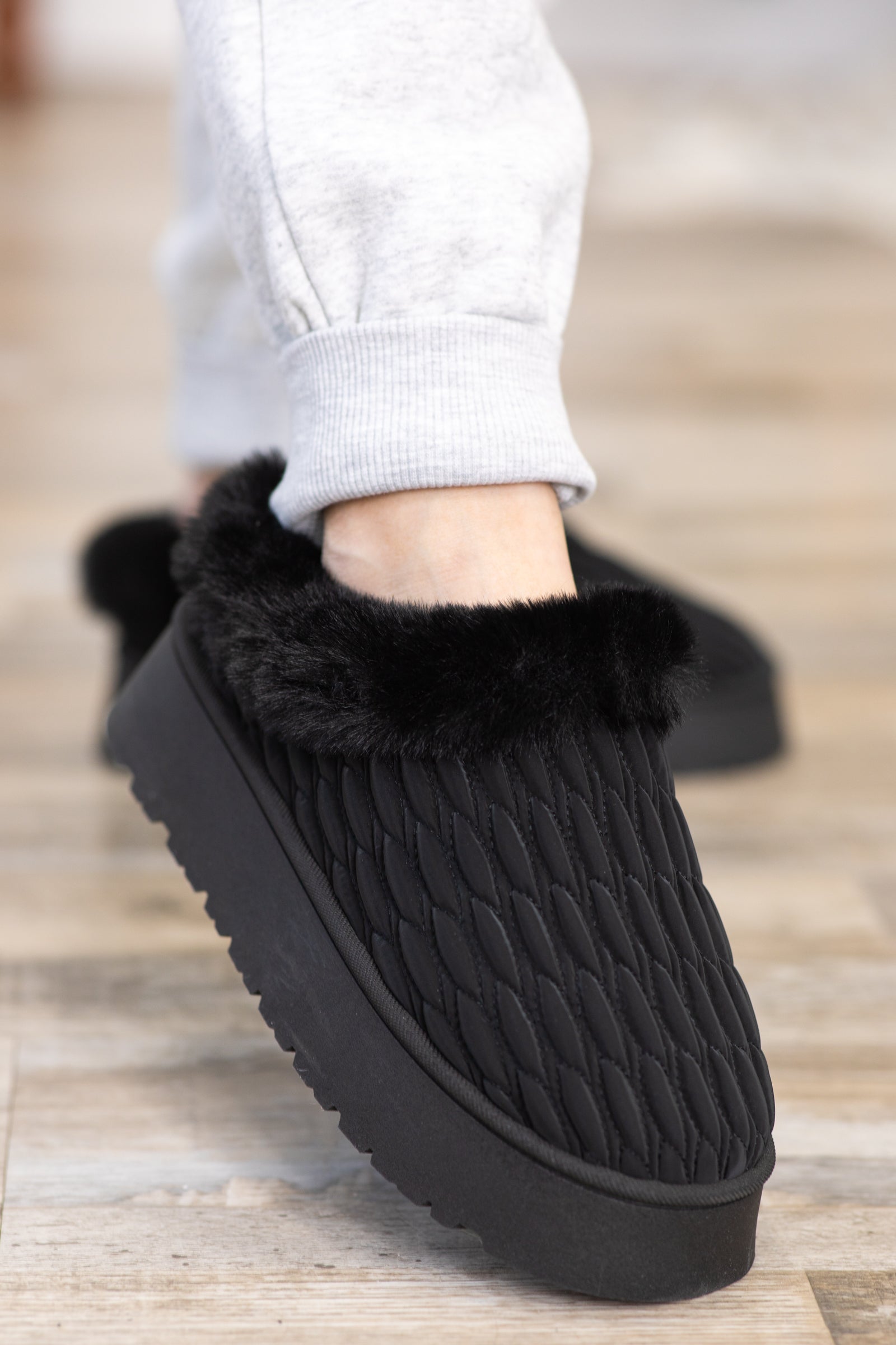 Black Quilted Faux Fur Lined Slip On Shoes