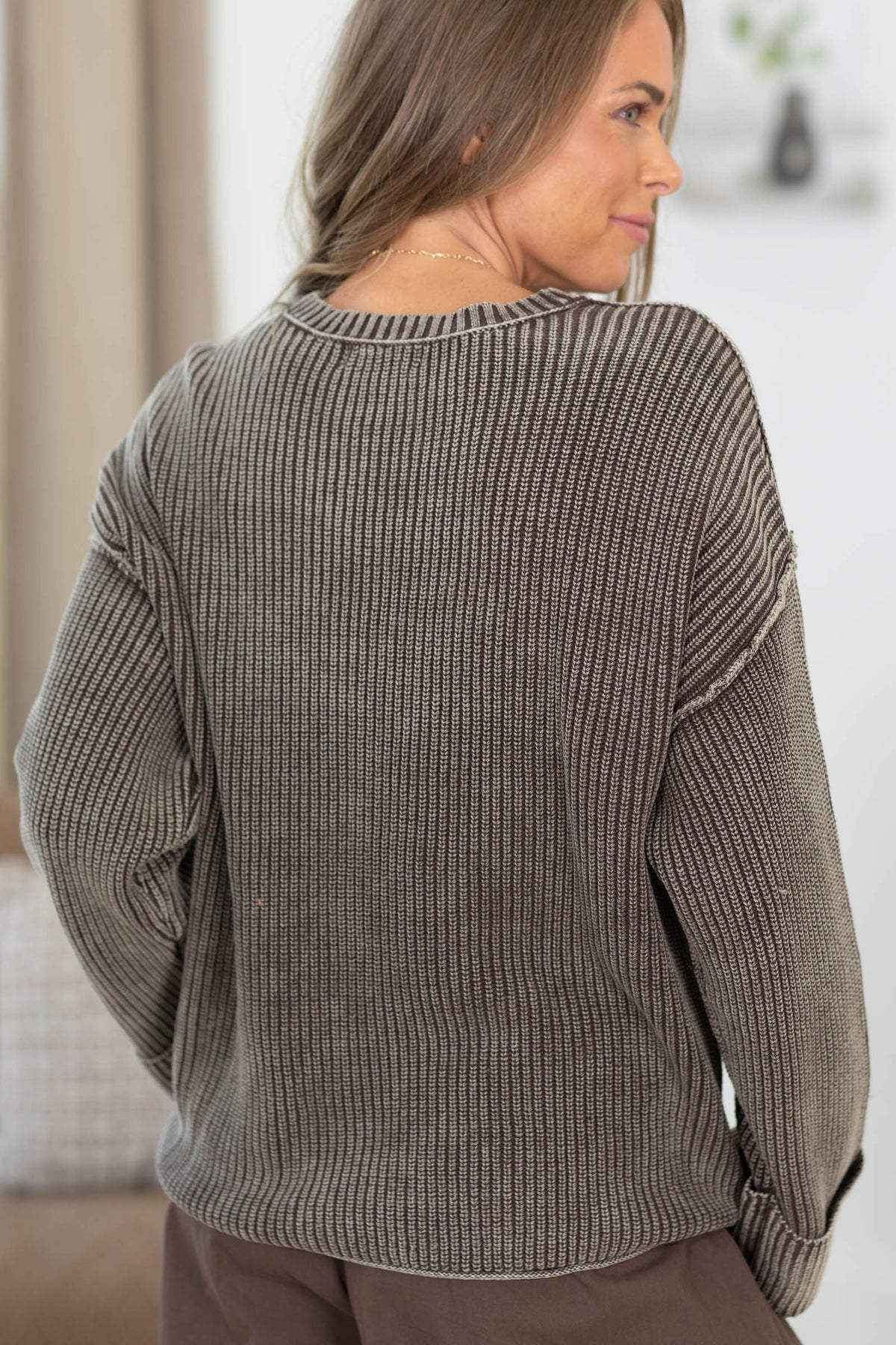 Washed Ribbed Long Sleeve Folded Cuff Knit Sweater