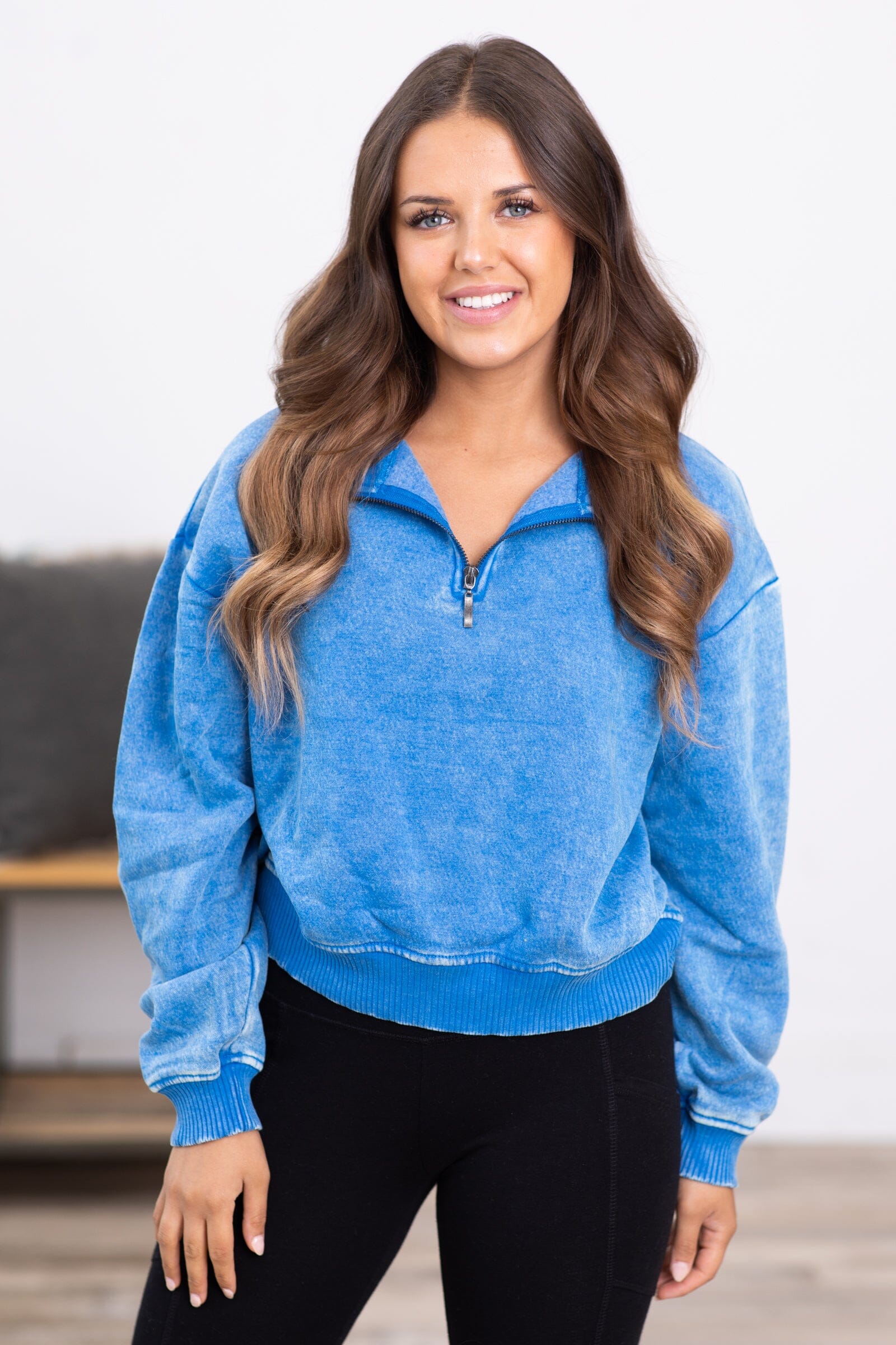Bright Blue Acid Wash Fleece 1/4 Zip Pullover - Filly Flair