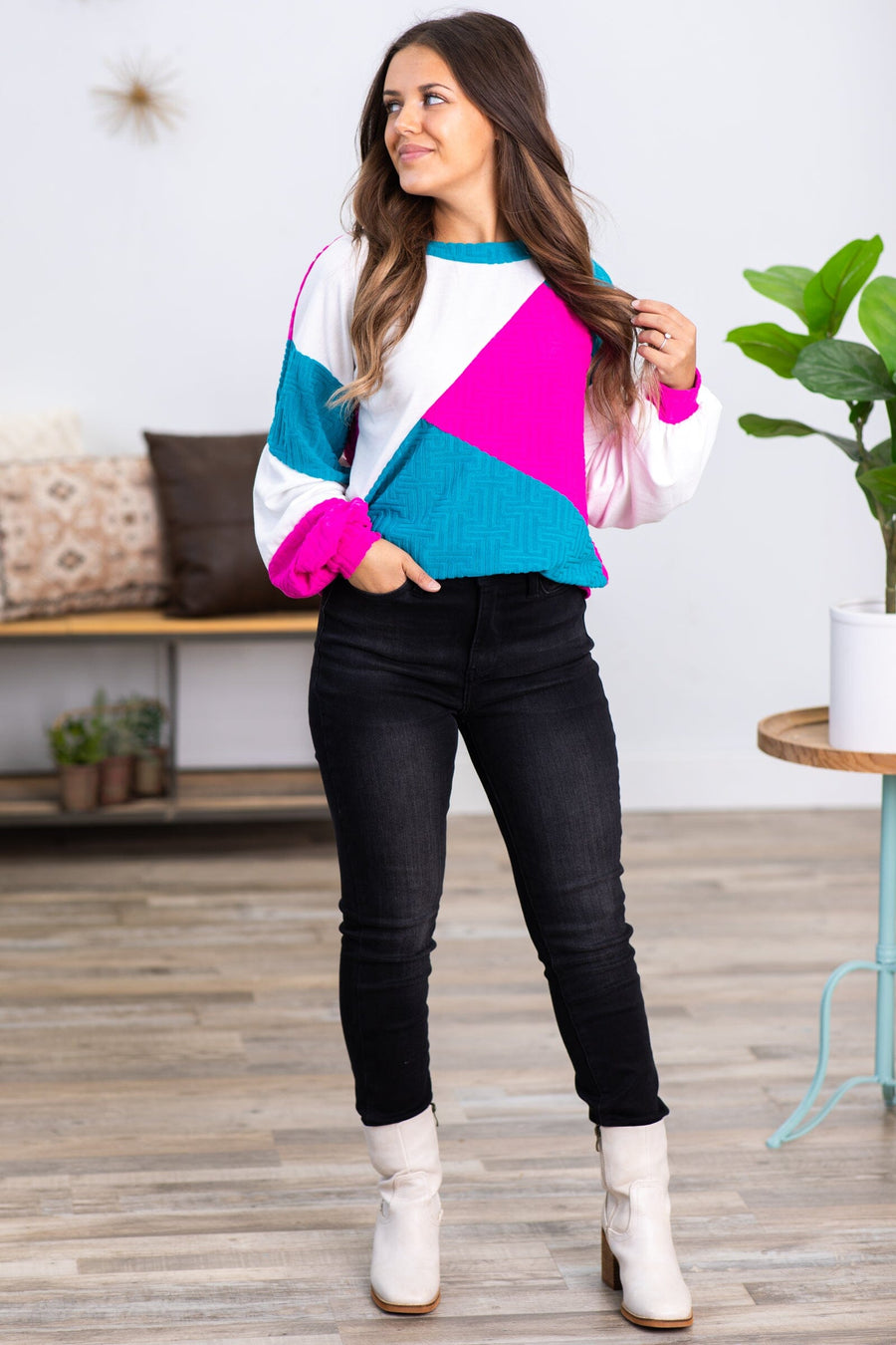 Teal and Fuchsia Colorblock Textured Top - Filly Flair