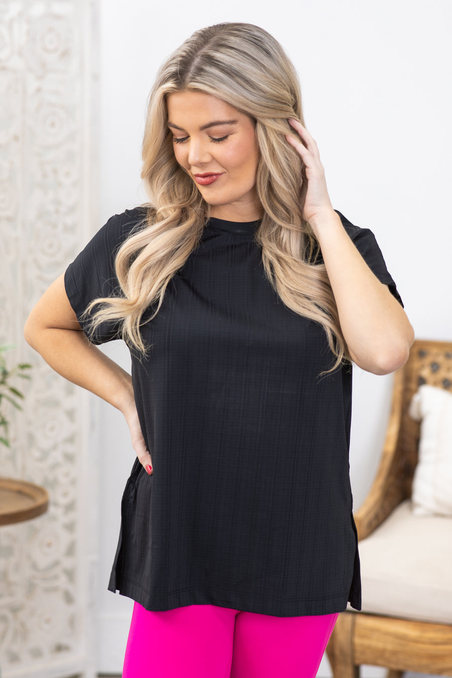 Black Gingham Short Sleeve Knit Top