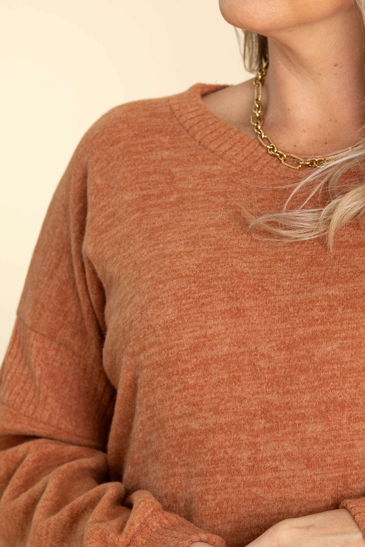 Rust Brushed Knit Long Sleeve Knit Top