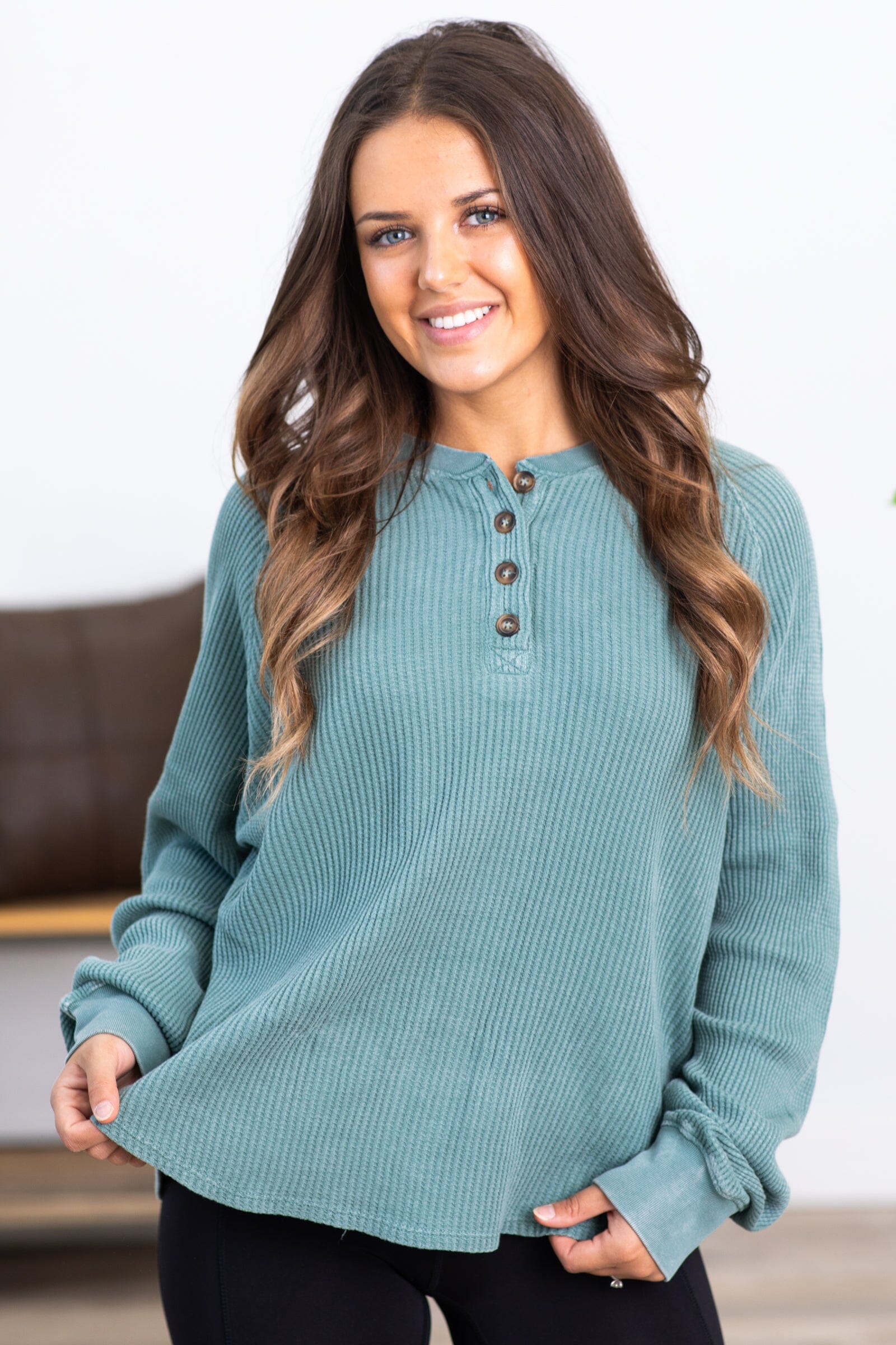 Ash Green Washed Waffle Knit Henley Top - Filly Flair