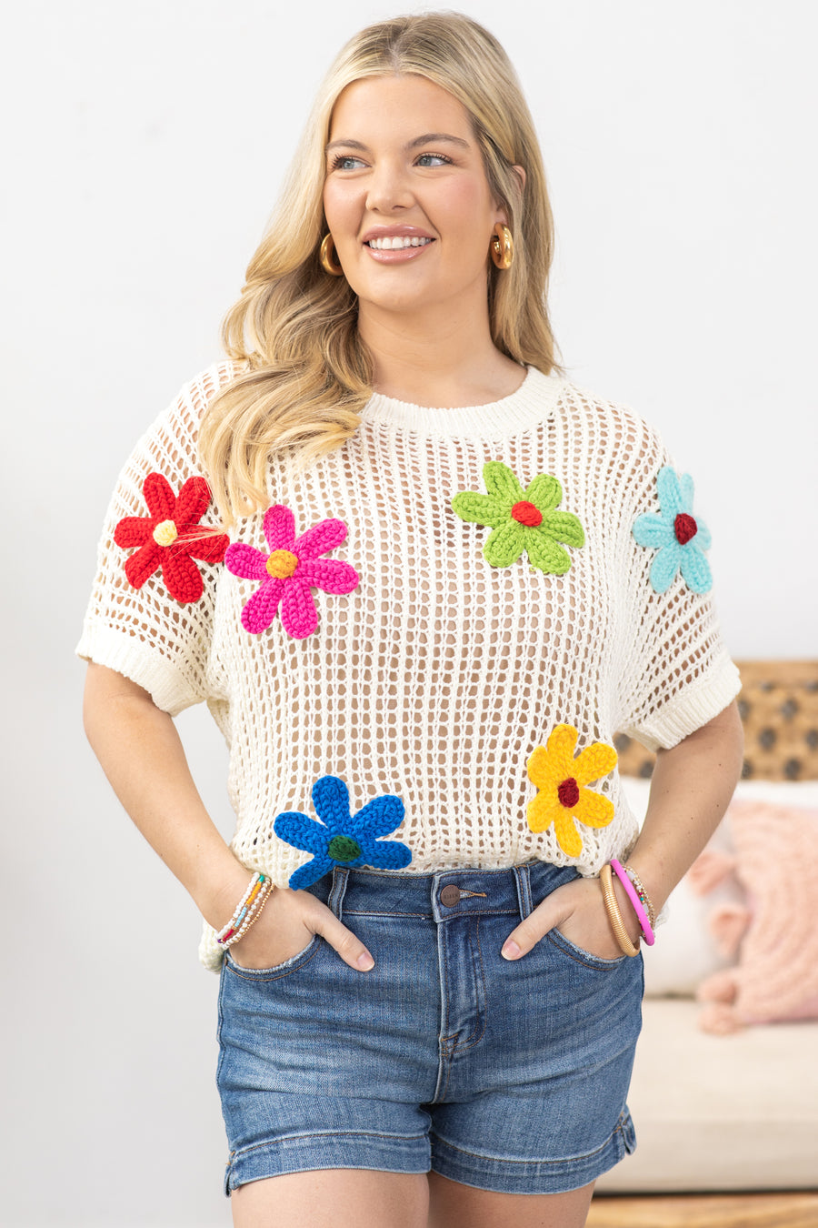 Ivory Crochet Floral Applique Top