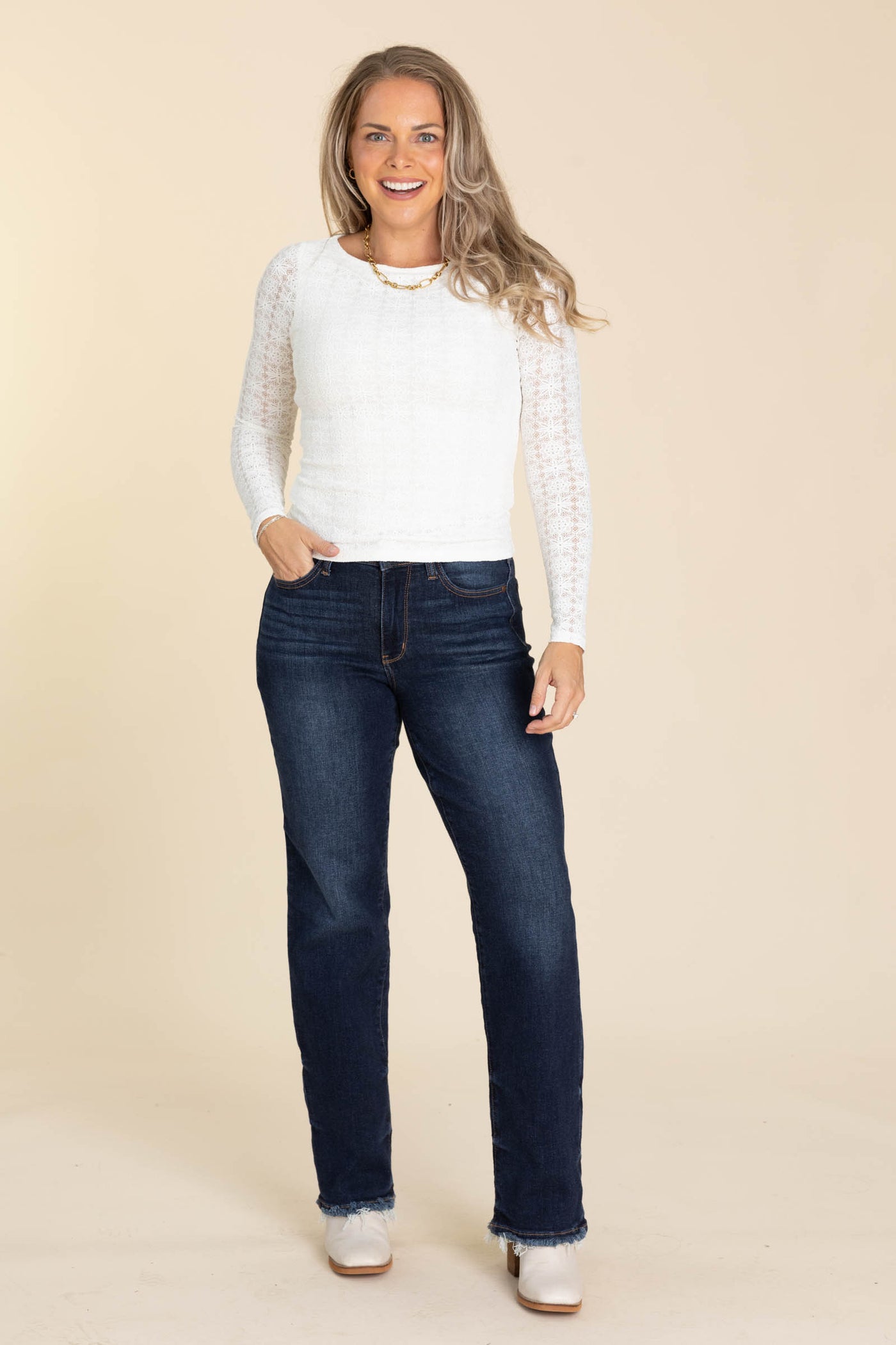 Off White Lined Knit Lace Sleeve Top