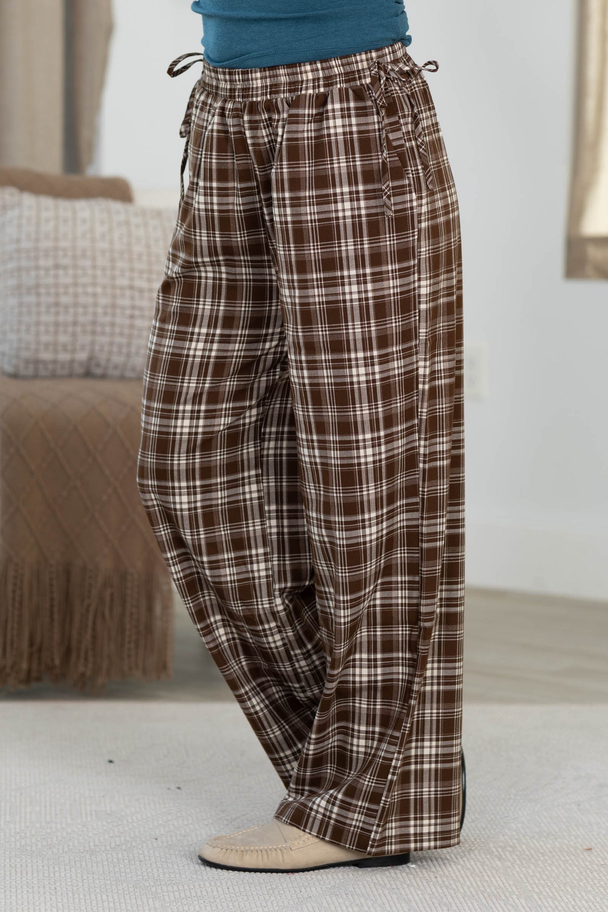 Brown Plaid Straight Wide Leg Pant With Tie