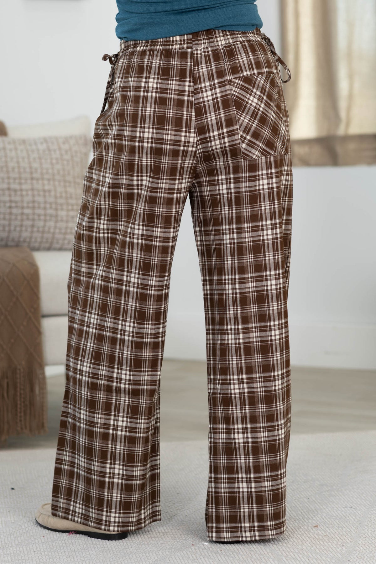 Brown Plaid Straight Wide Leg Pant With Tie