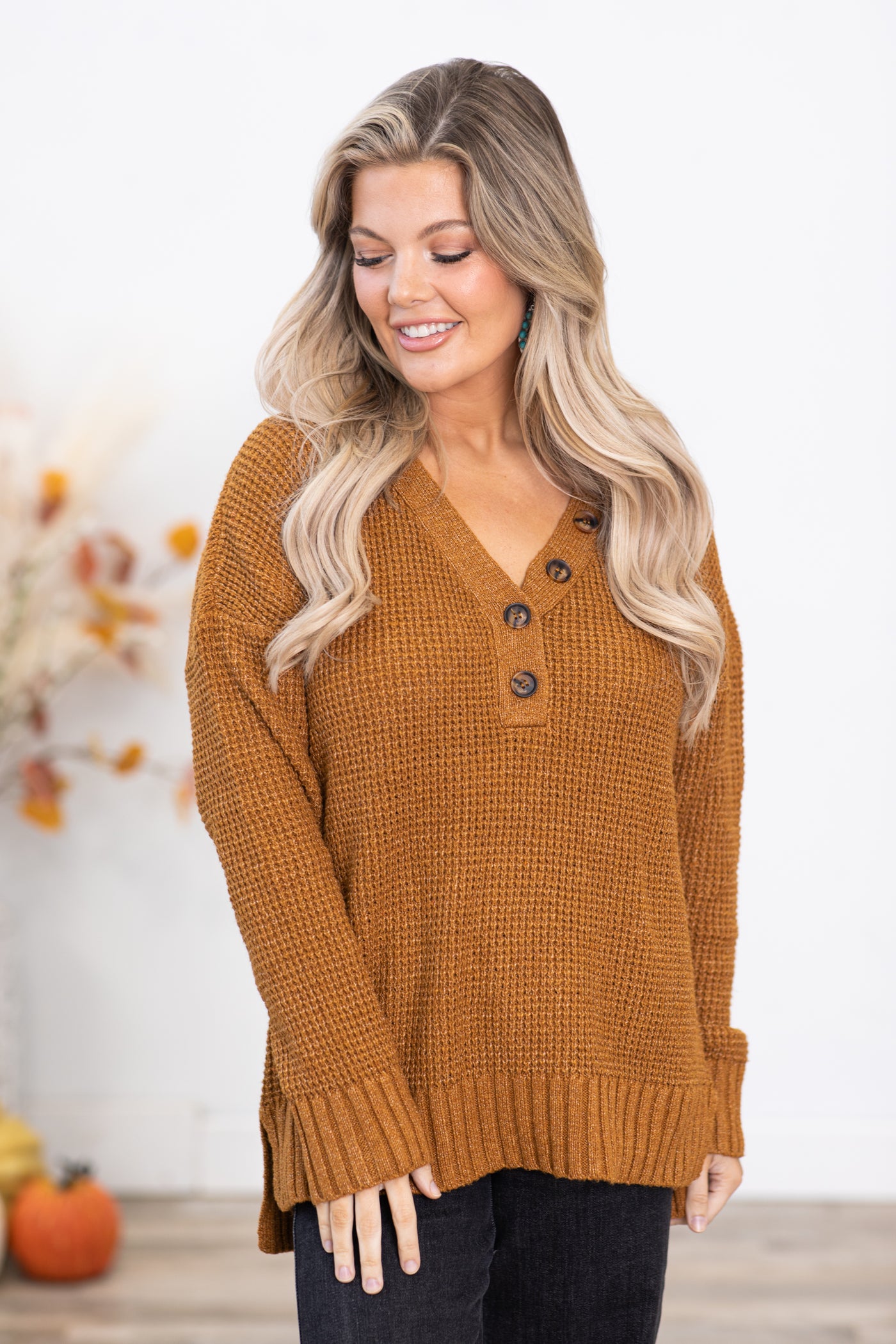 Copper Waffle Knit Sweater With Buttons
