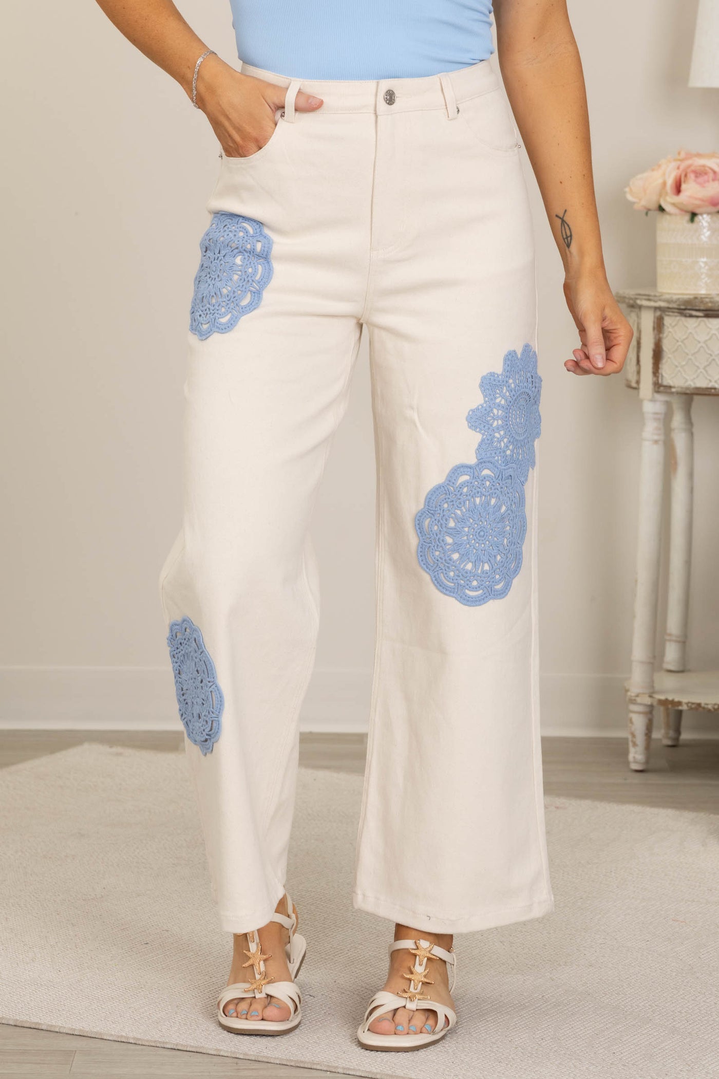 Cream Pants With Lace Patchwork Detail