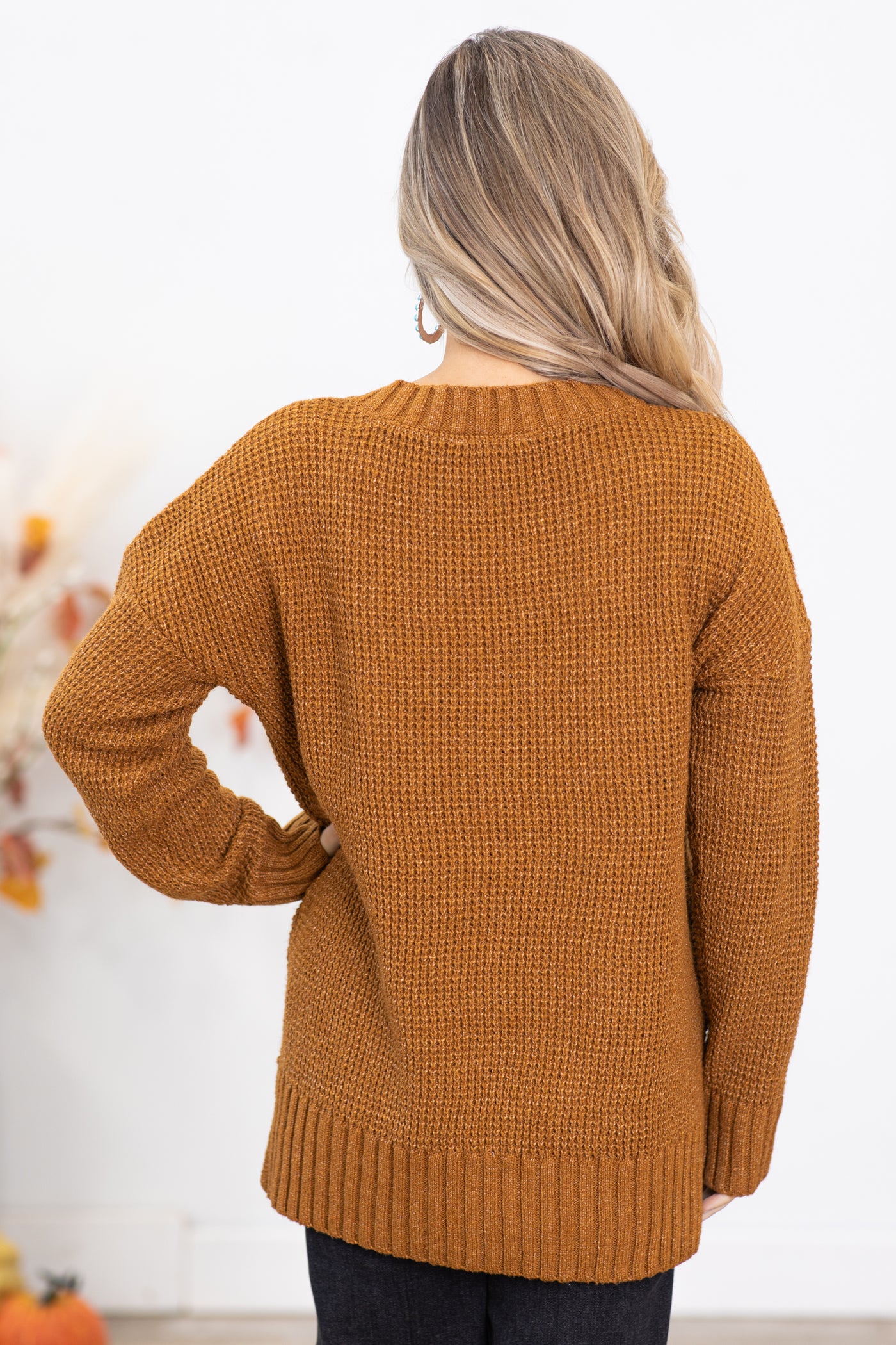 Copper Waffle Knit Sweater With Buttons