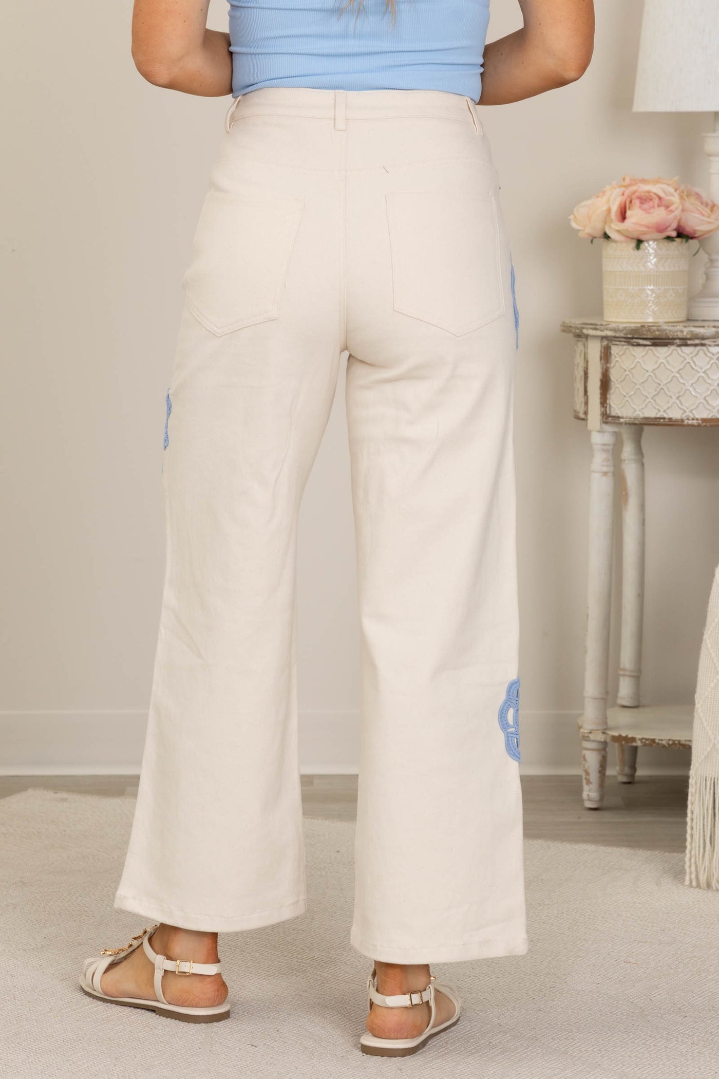 Cream Pants With Lace Patchwork Detail
