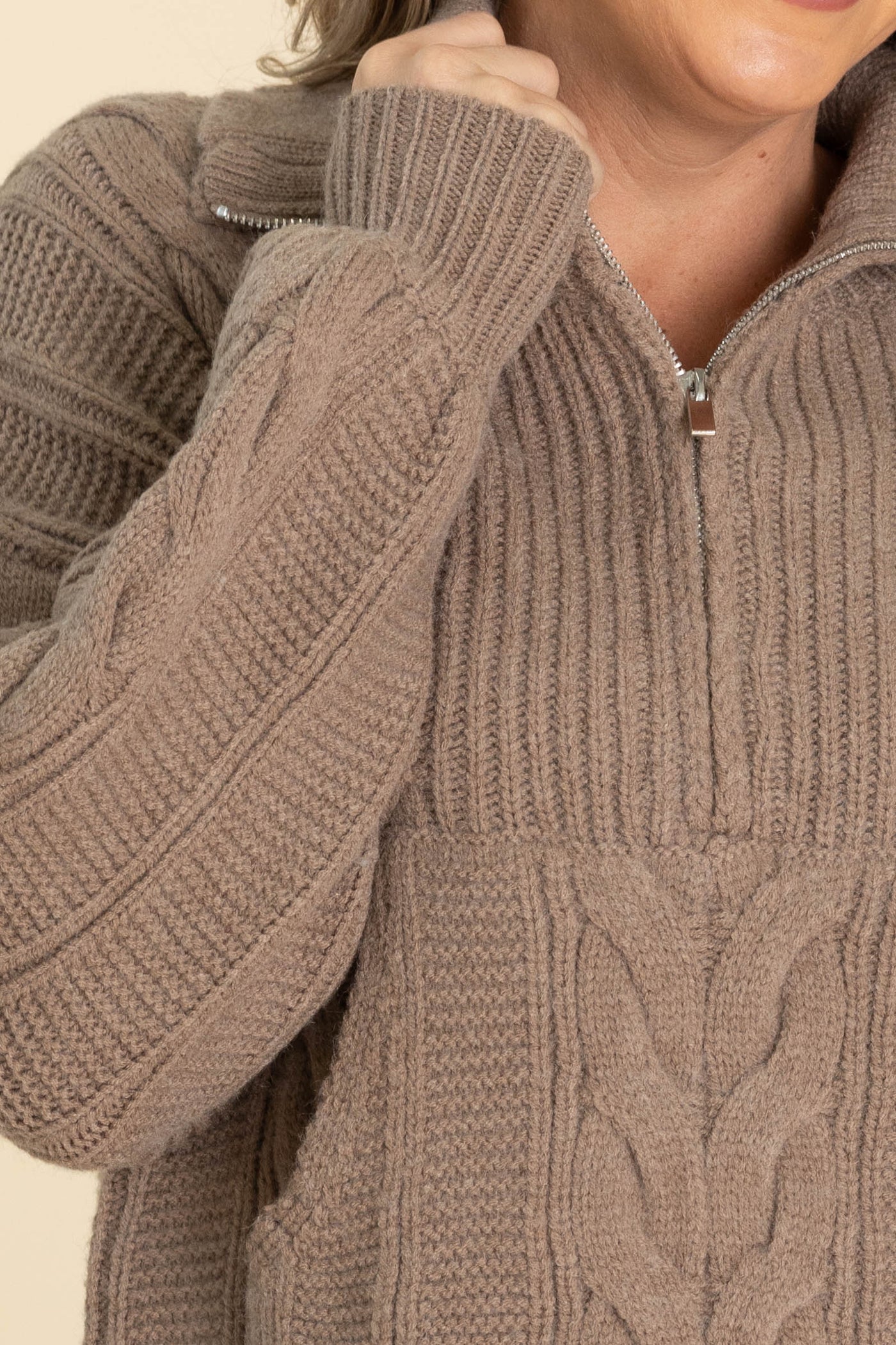Mocha Chunky Cable Knit Quarter Zip Sweater