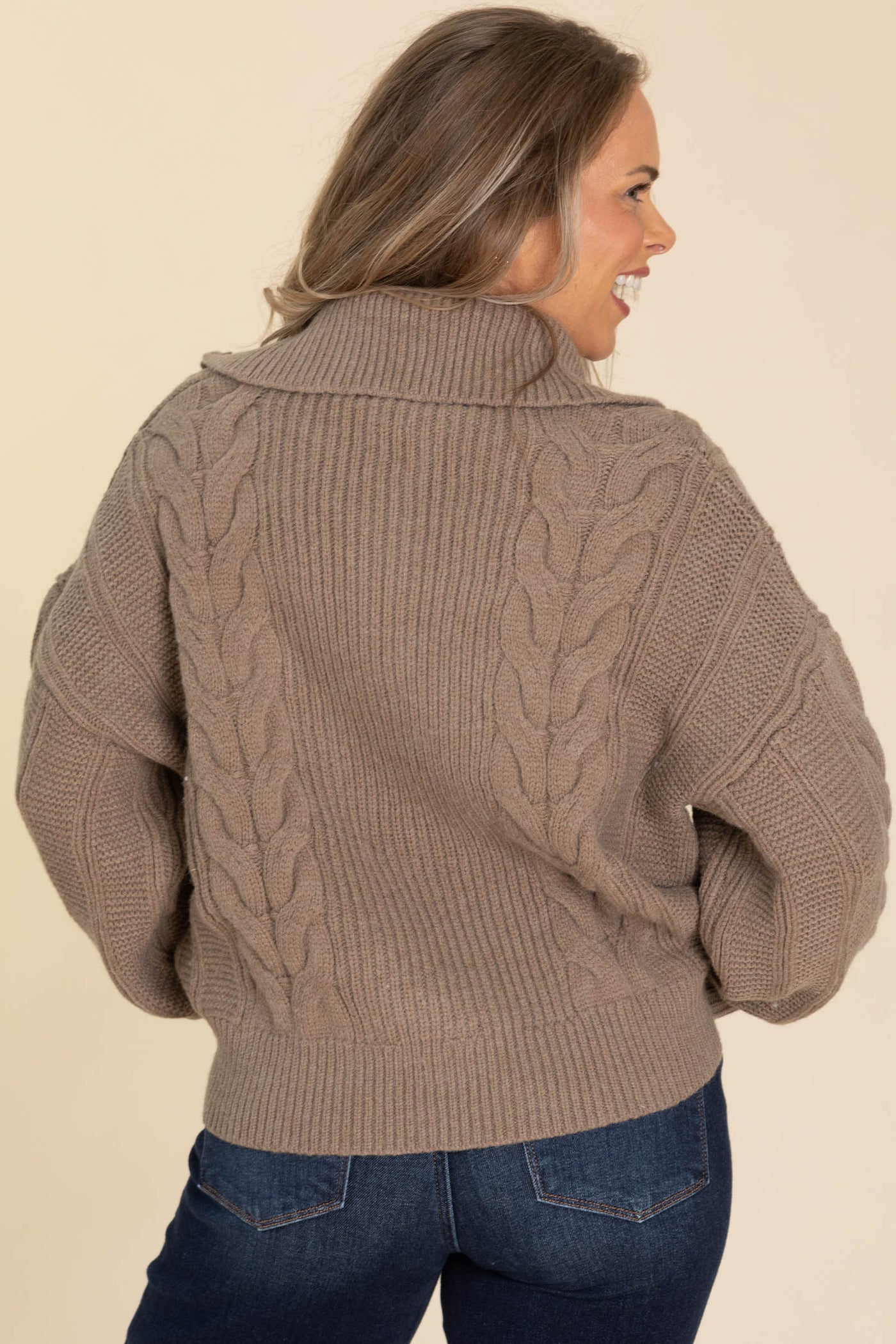 Mocha Chunky Cable Knit Quarter Zip Sweater