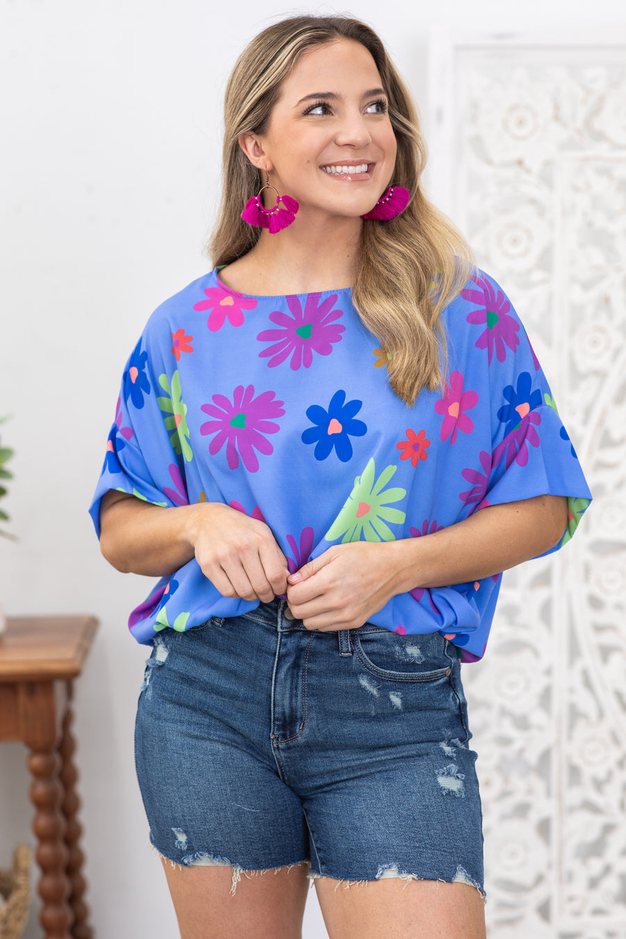 Cornflower Round Neck Floral Woven Top