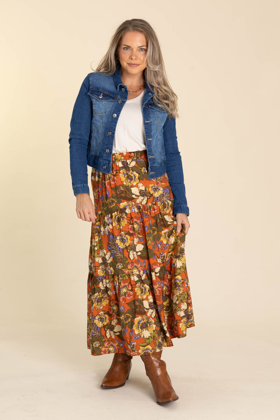 Lilly Layered Rust Rust Floral Printed Tiered Layered Skirt · Filly Flair