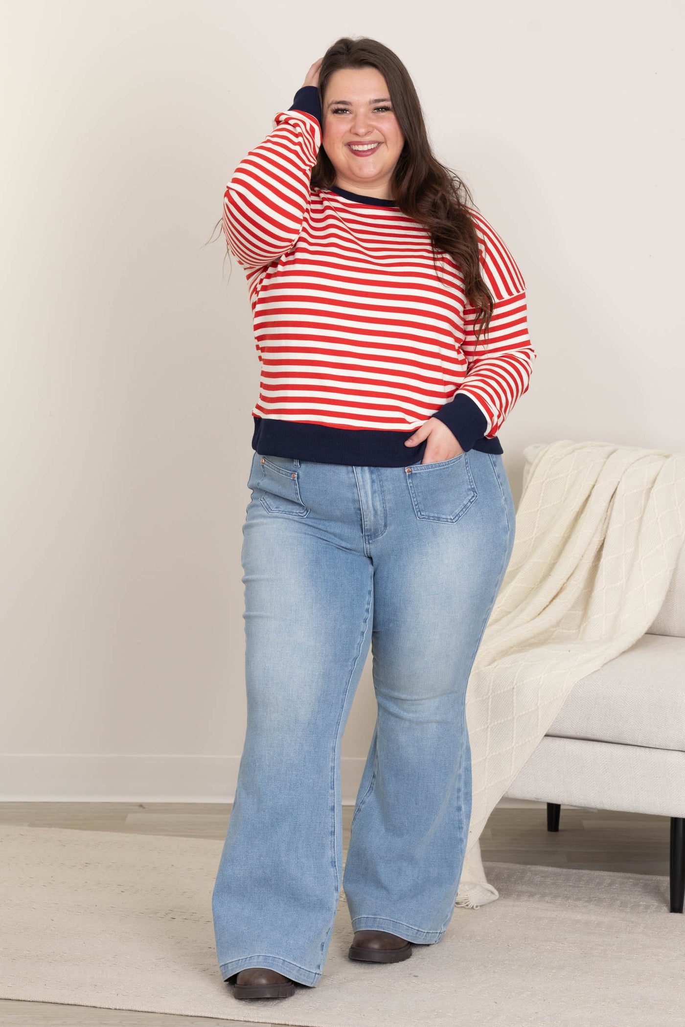 Striped Sweatshirts With Contrast Color Trimmed