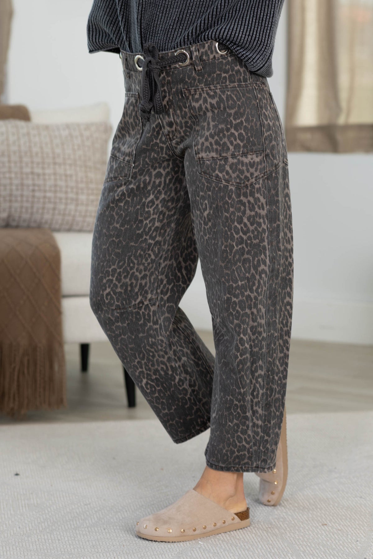 Leopard Barrel Pants With Rope Belt Detail