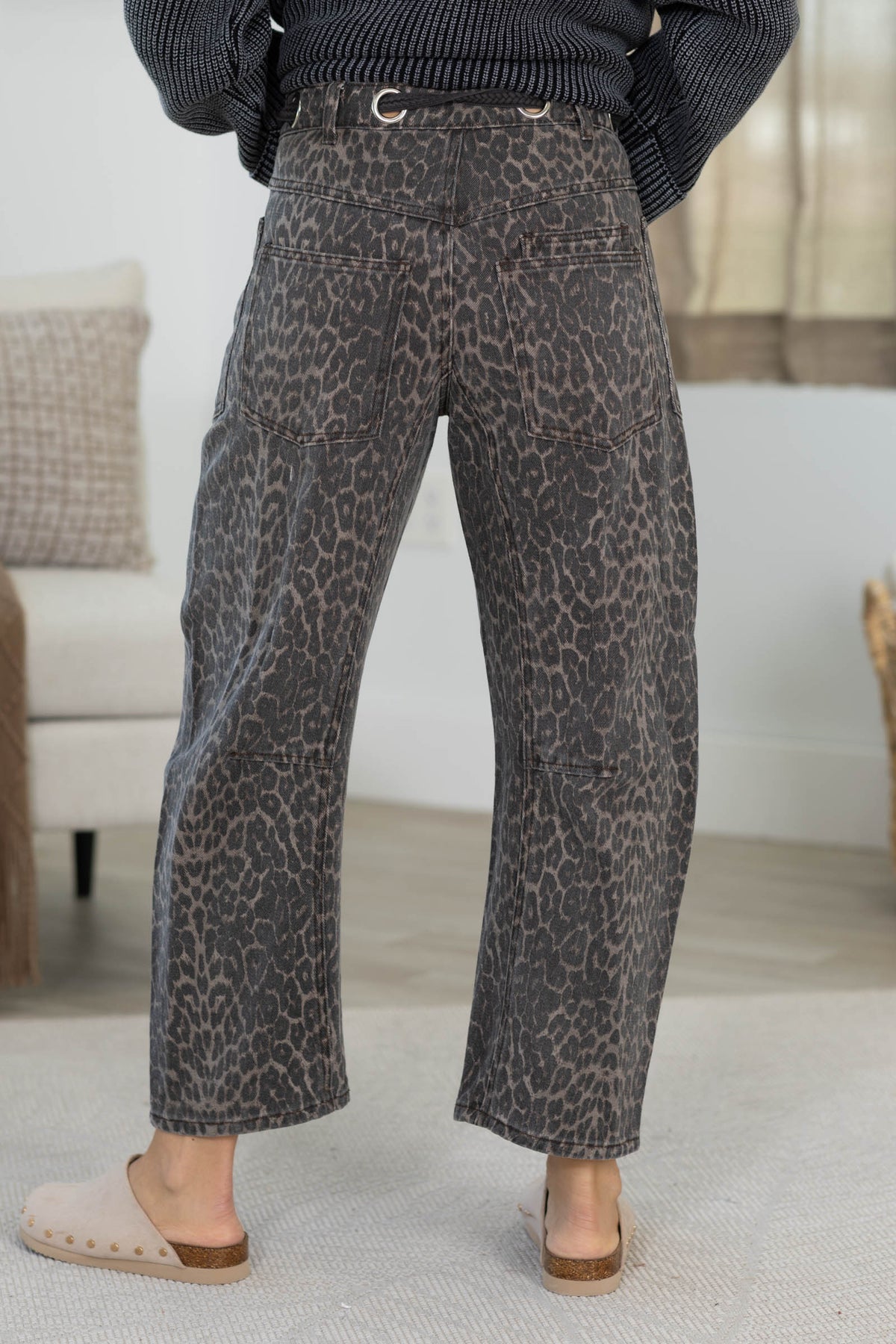 Leopard Barrel Pants With Rope Belt Detail
