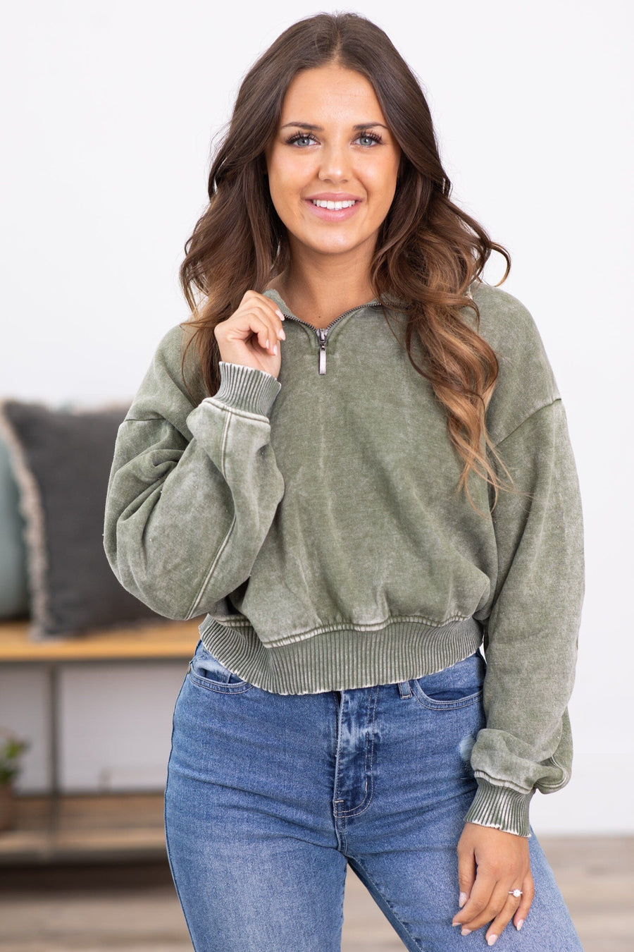 Olive Acid Wash Fleece 1/4 Zip Pullover - Filly Flair