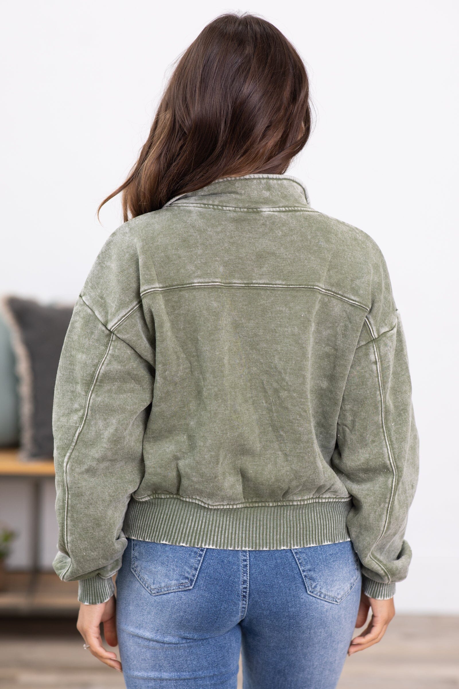 Olive Acid Wash Fleece 1/4 Zip Pullover - Filly Flair