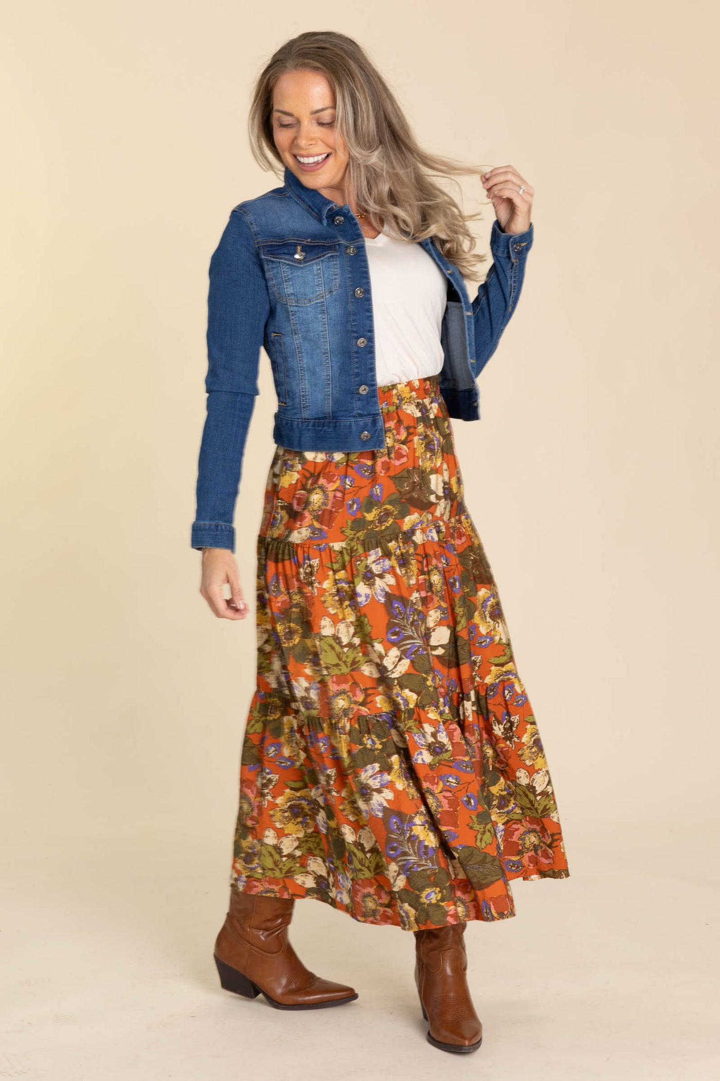Rust Floral Printed Tiered Layered Skirt