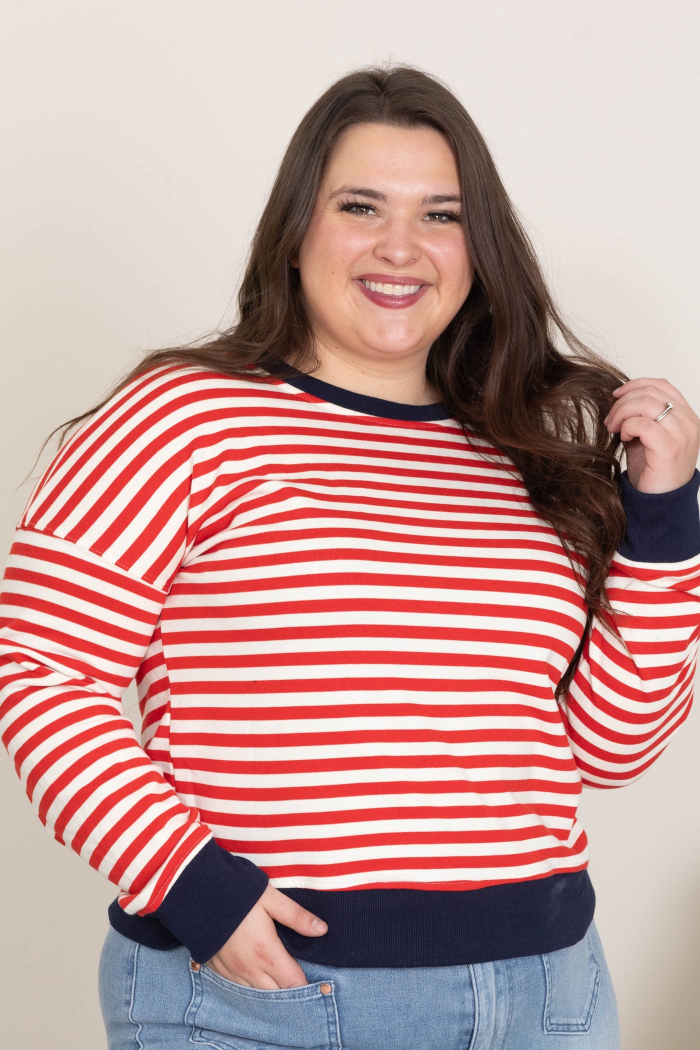 Striped Sweatshirts With Contrast Color Trimmed
