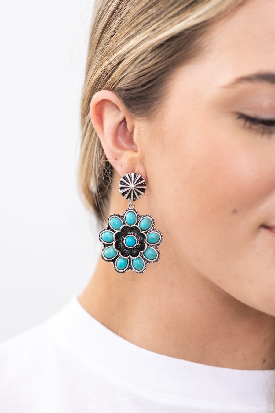 Turquoise and Silver Western Floral Earrings