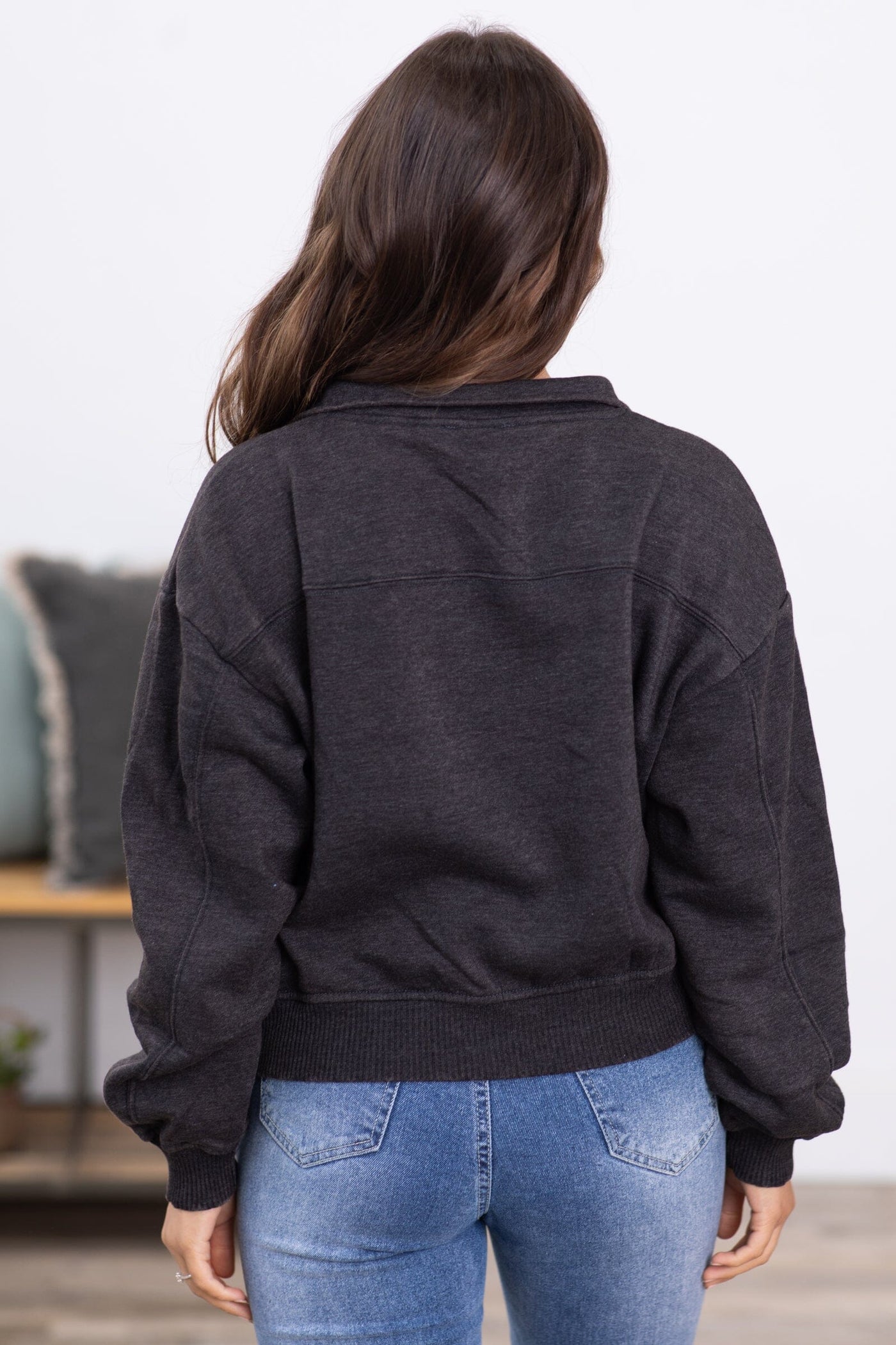 Charcoal Acid Wash Fleece 1/4 Zip Pullover - Filly Flair