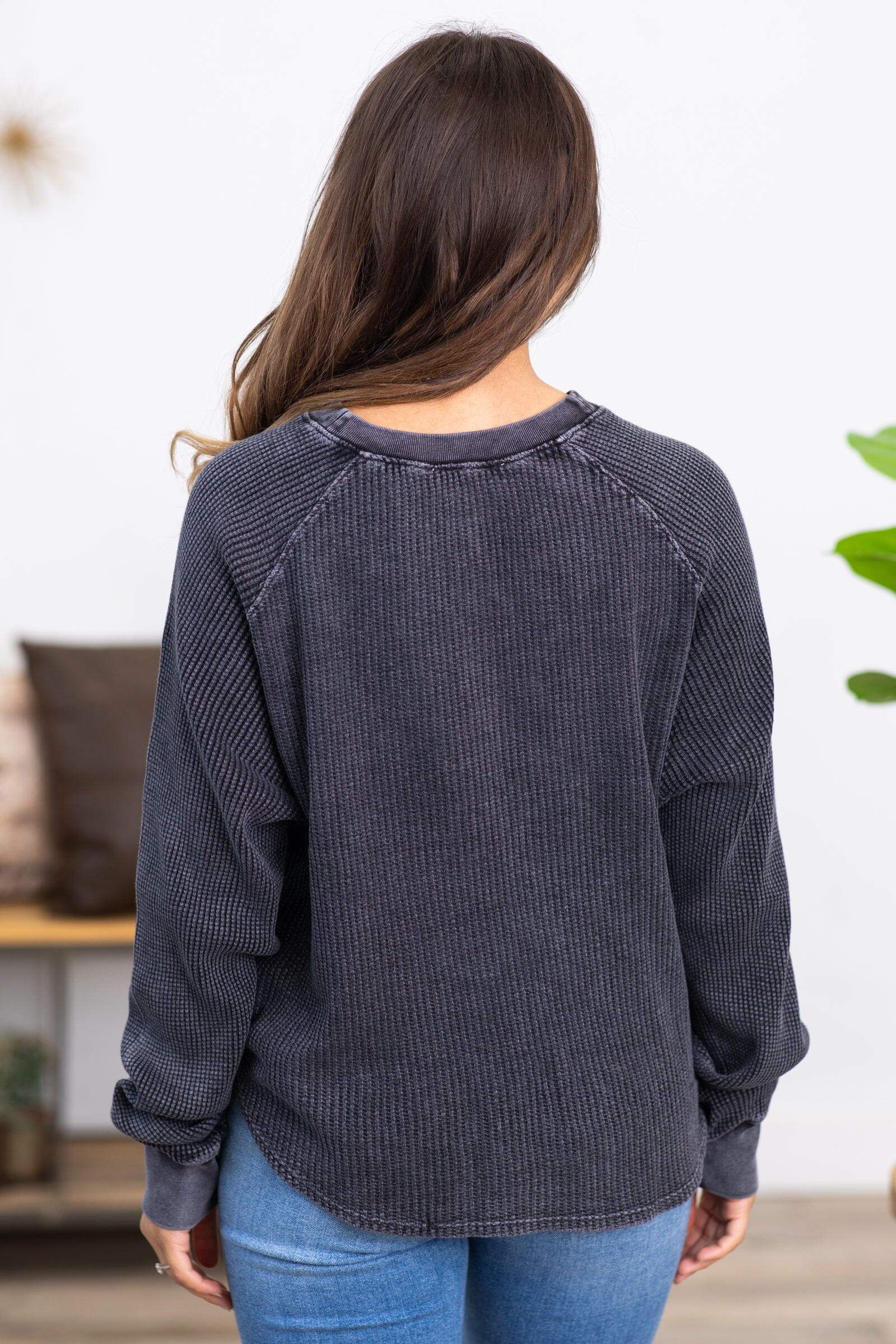 Charcoal Washed Waffle Knit Henley Top - Filly Flair