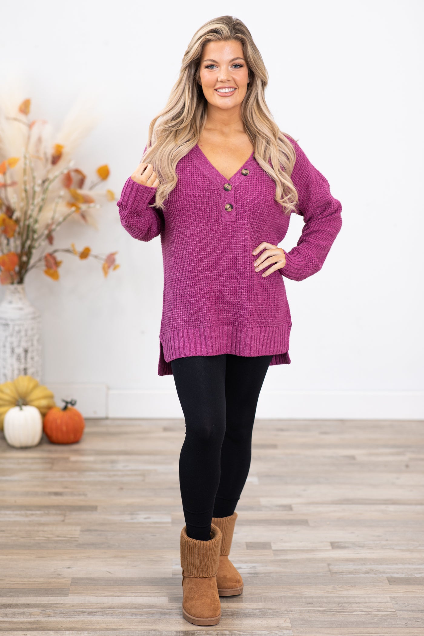 Dark Berry Waffle Knit Sweater With Buttons