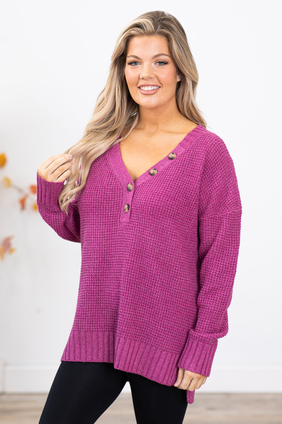 Dark Berry Waffle Knit Sweater With Buttons