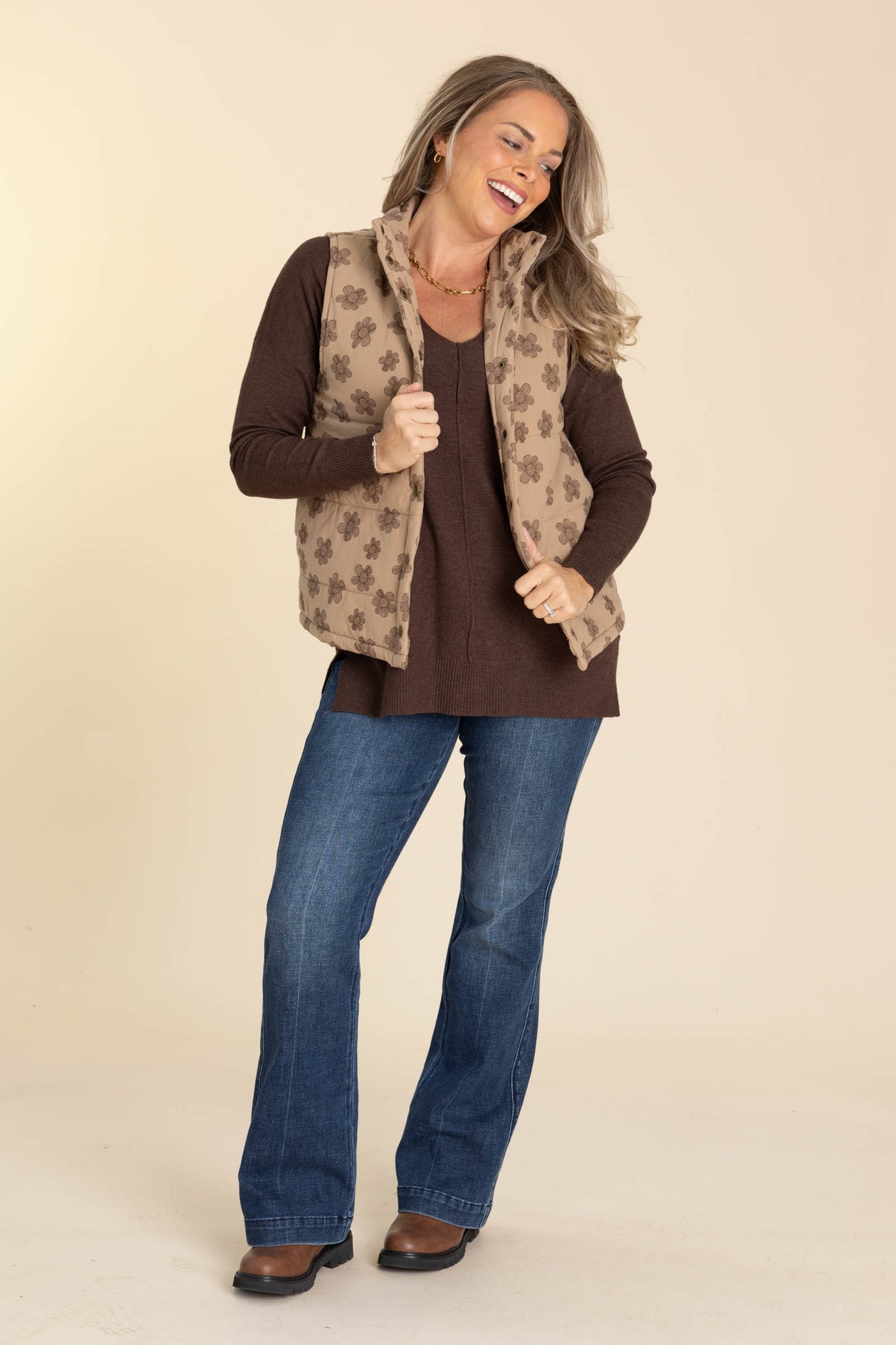 Mocha Floral Print Puffer Vest