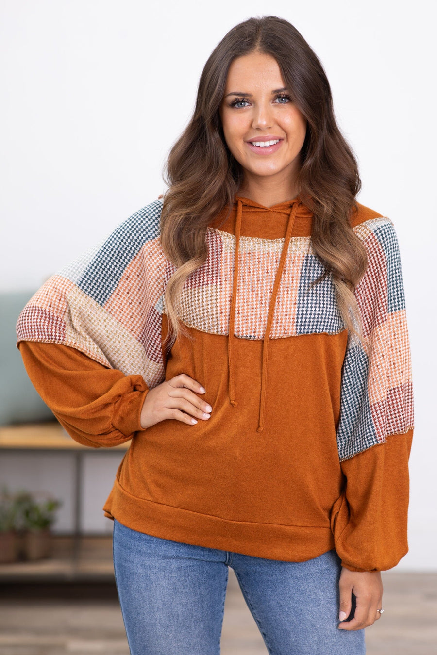 Rust Hooded Top With Colorblock Detail - Filly Flair