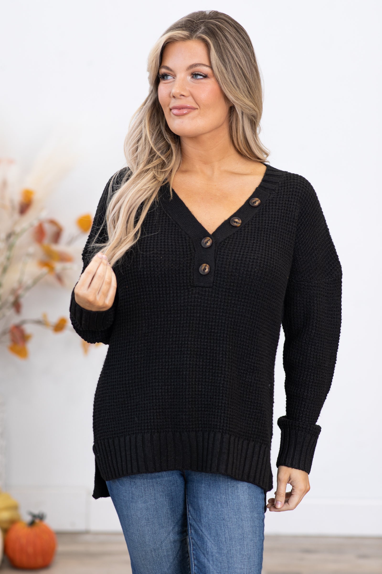 Black Waffle Knit Sweater With Buttons
