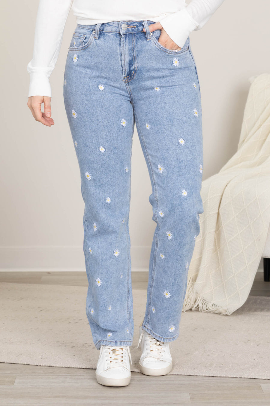 Mica High Rise Straight Daisy Embroidery Jeans