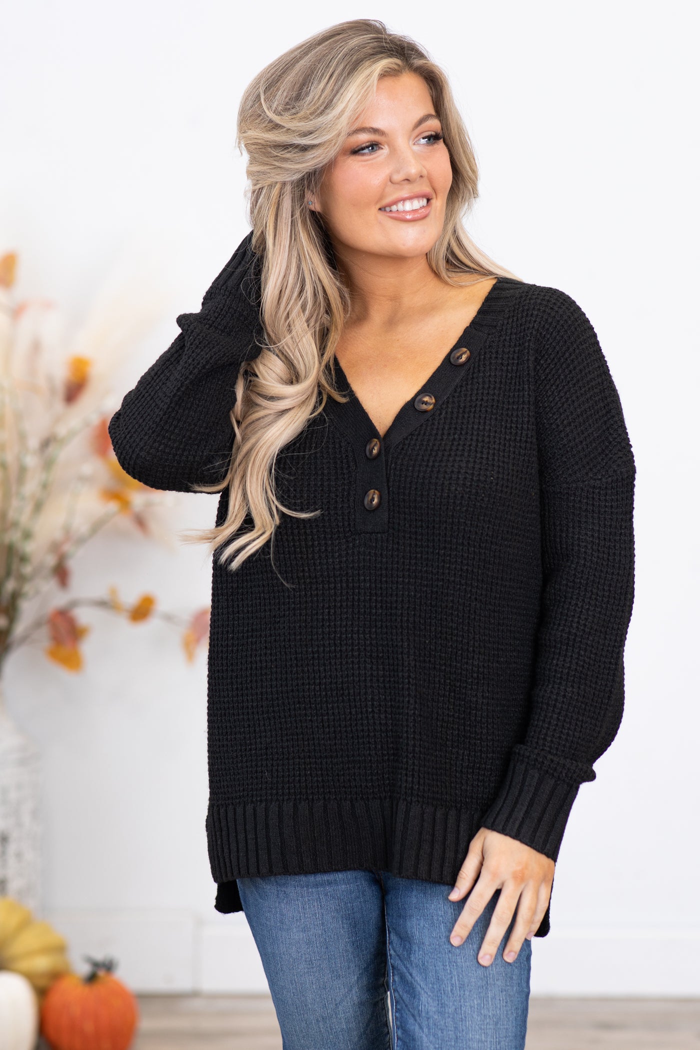 Black Waffle Knit Sweater With Buttons