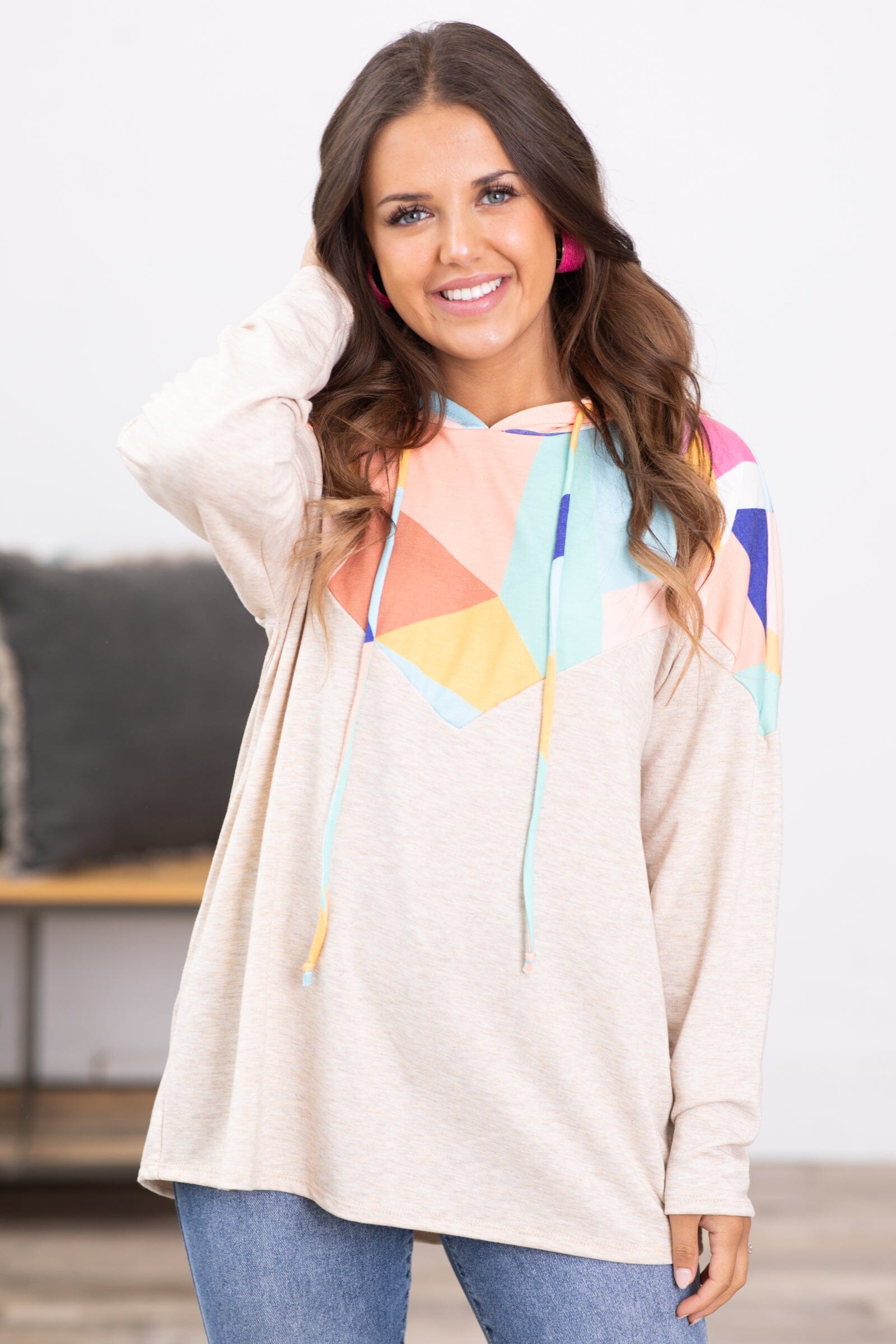Oatmeal Multicolor Geo Print Hooded Top - Filly Flair